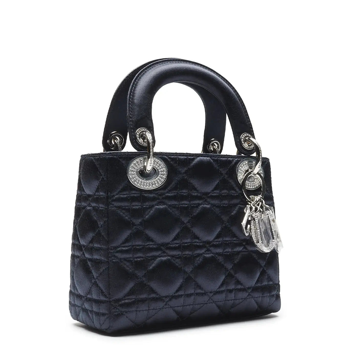 Front side view of Dior Lady Dior Lady Diana Limited Edition Satin Blue Mini Handbag