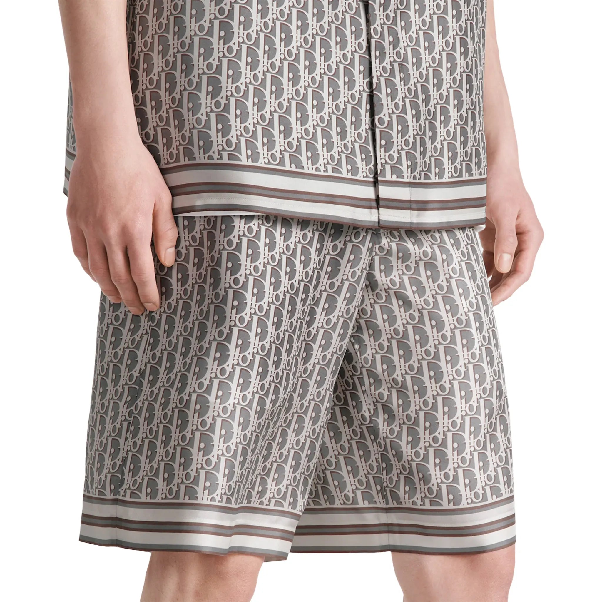 Front Detail view of Dior Oblique Bermuda Grey Silk Twill Shorts 013C121B4751_C881