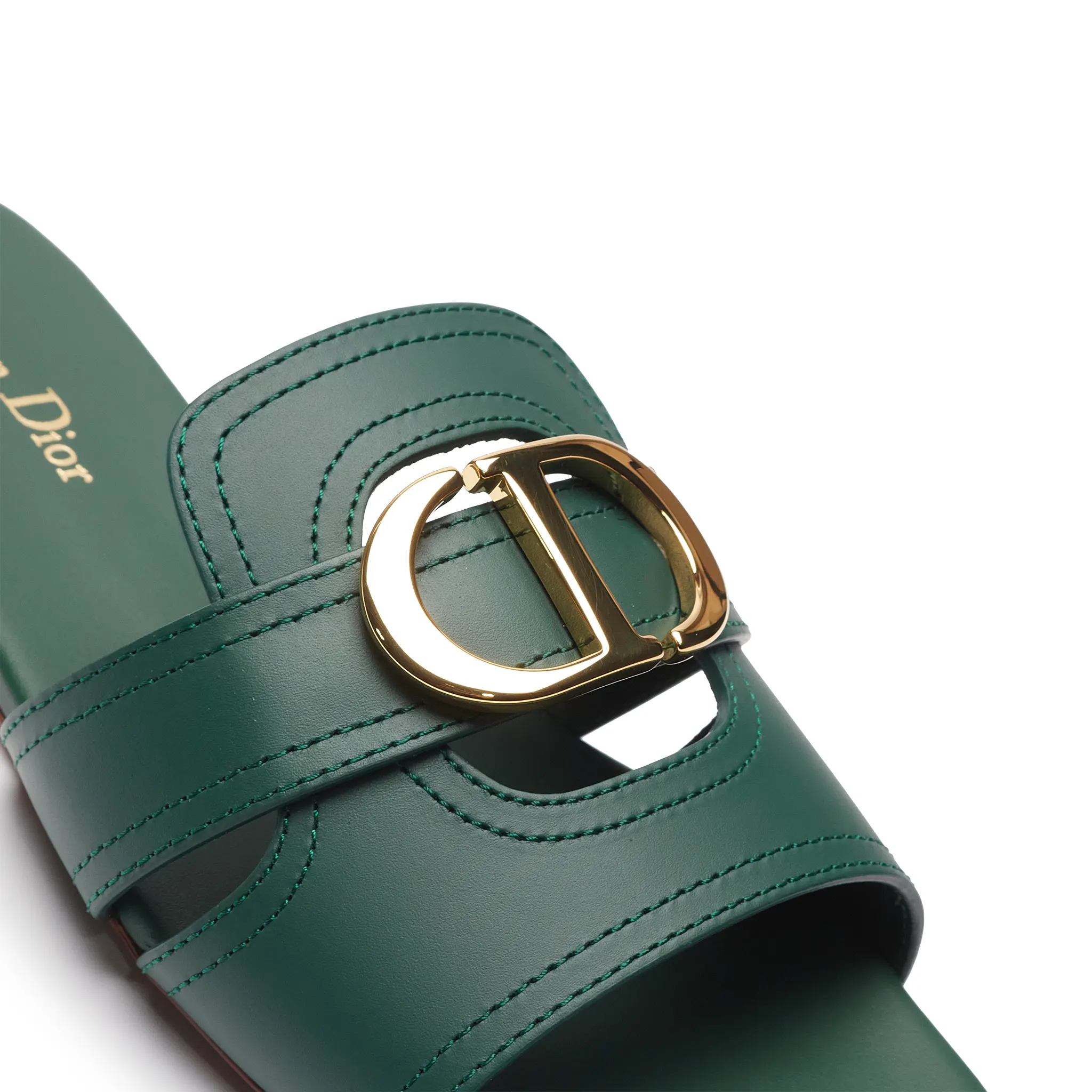 Detail side view of Dior Or 30 Montaigne Green Slides