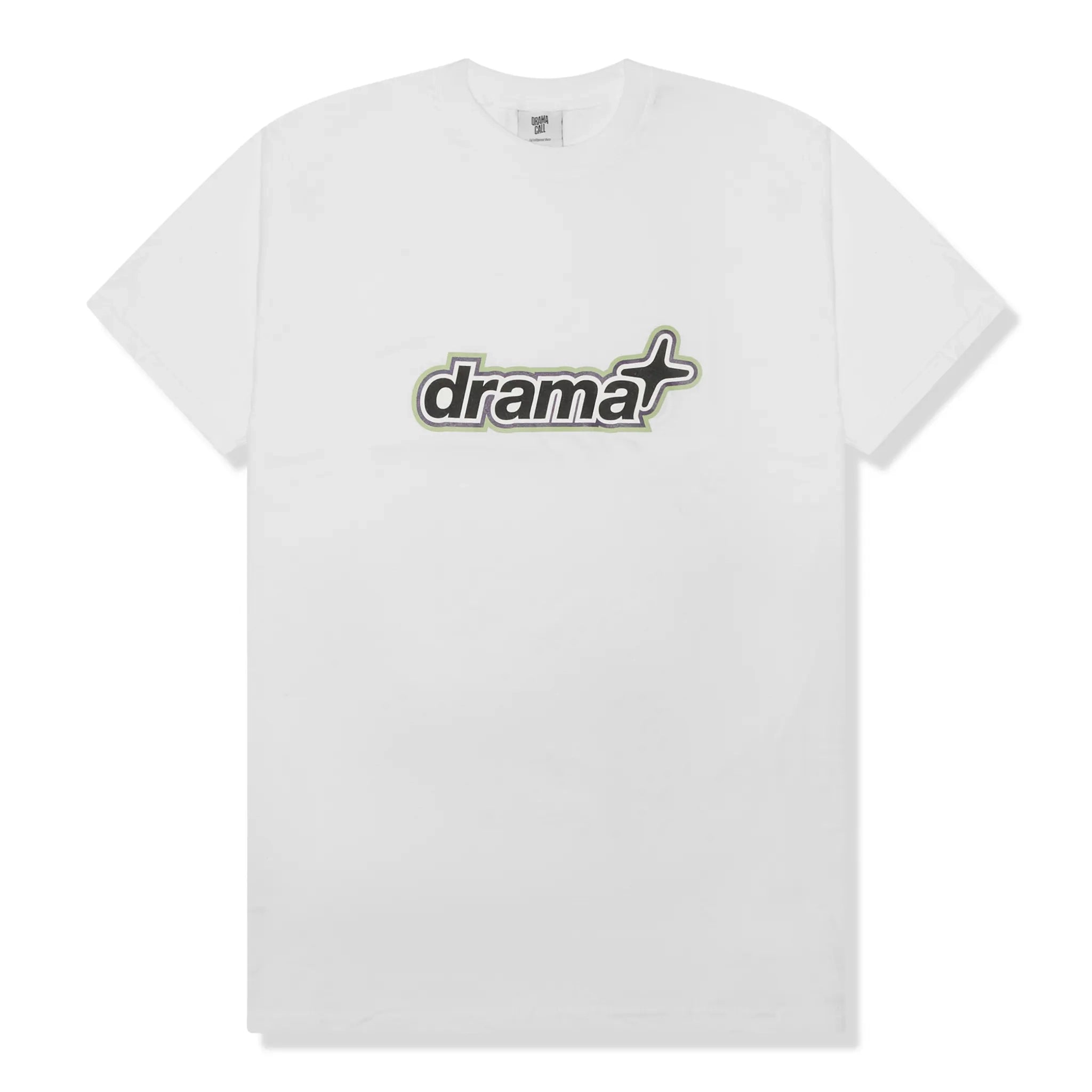 Front view of Drama Call 1Star White Green Purple T Shirt 