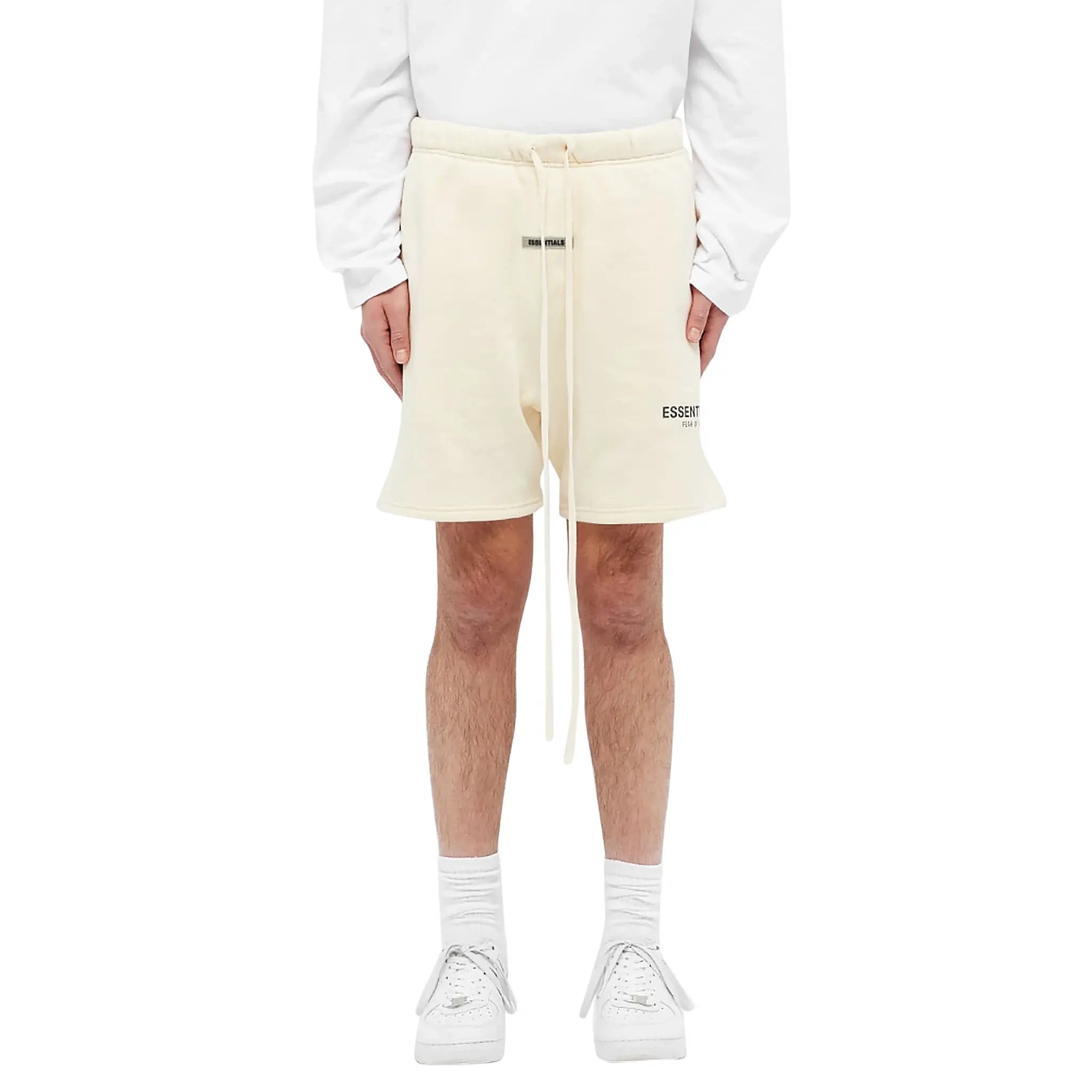 Model front view of Fear Of God Essentials Buttercream Reflective Shorts 160SP202011F