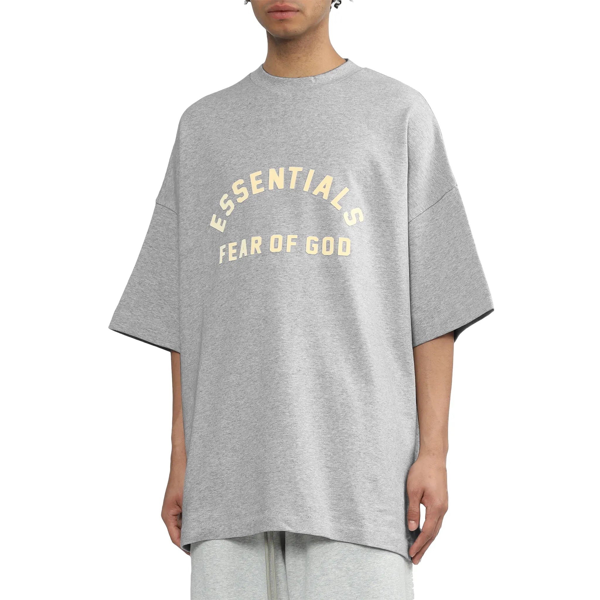 Front Detail view of Fear Of God Essentials Heavy Jersey Crewneck Light Heather Grey T Shirt 125SP242006F