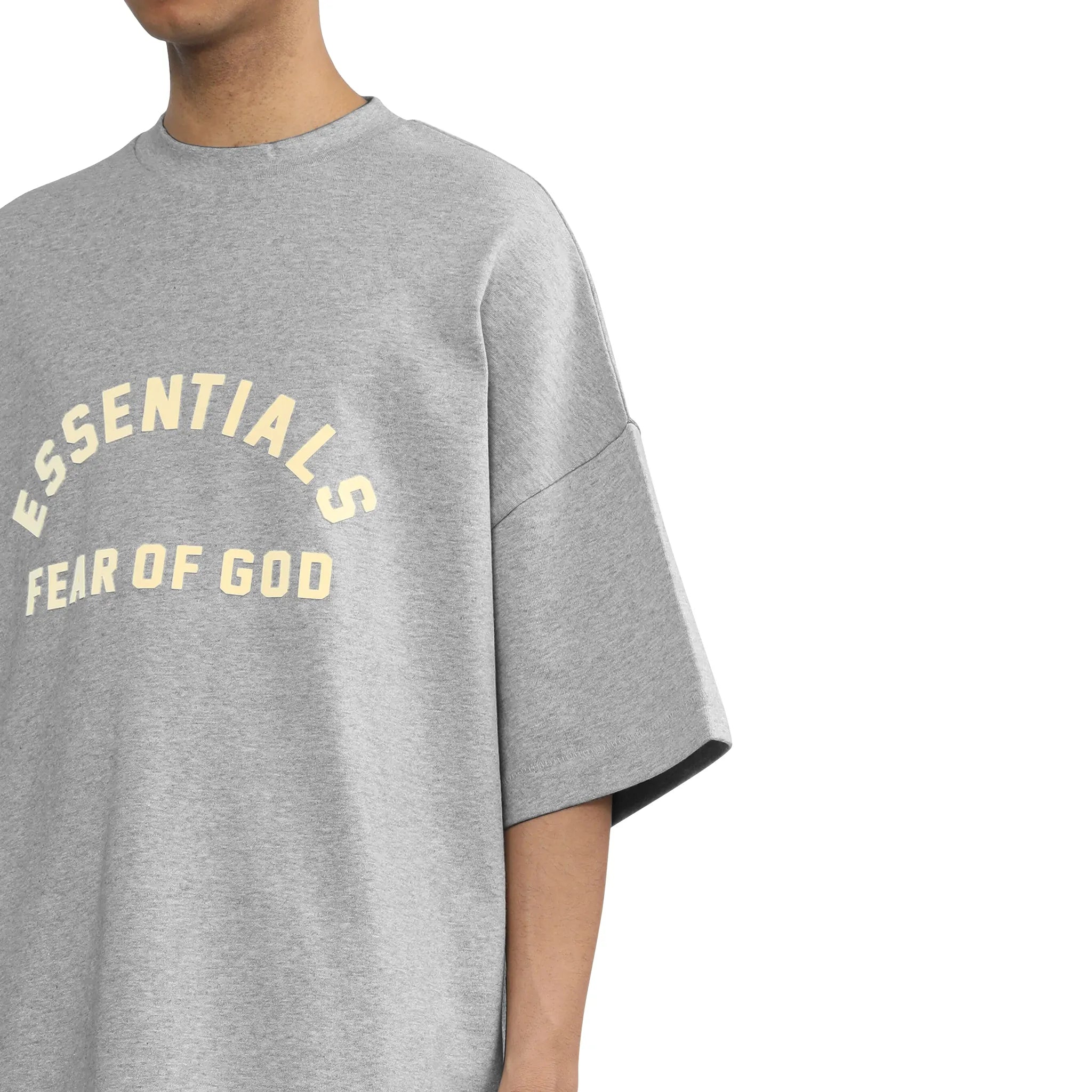 Model Detail view of Fear Of God Essentials Heavy Jersey Crewneck Light Heather Grey T Shirt 125SP242006F