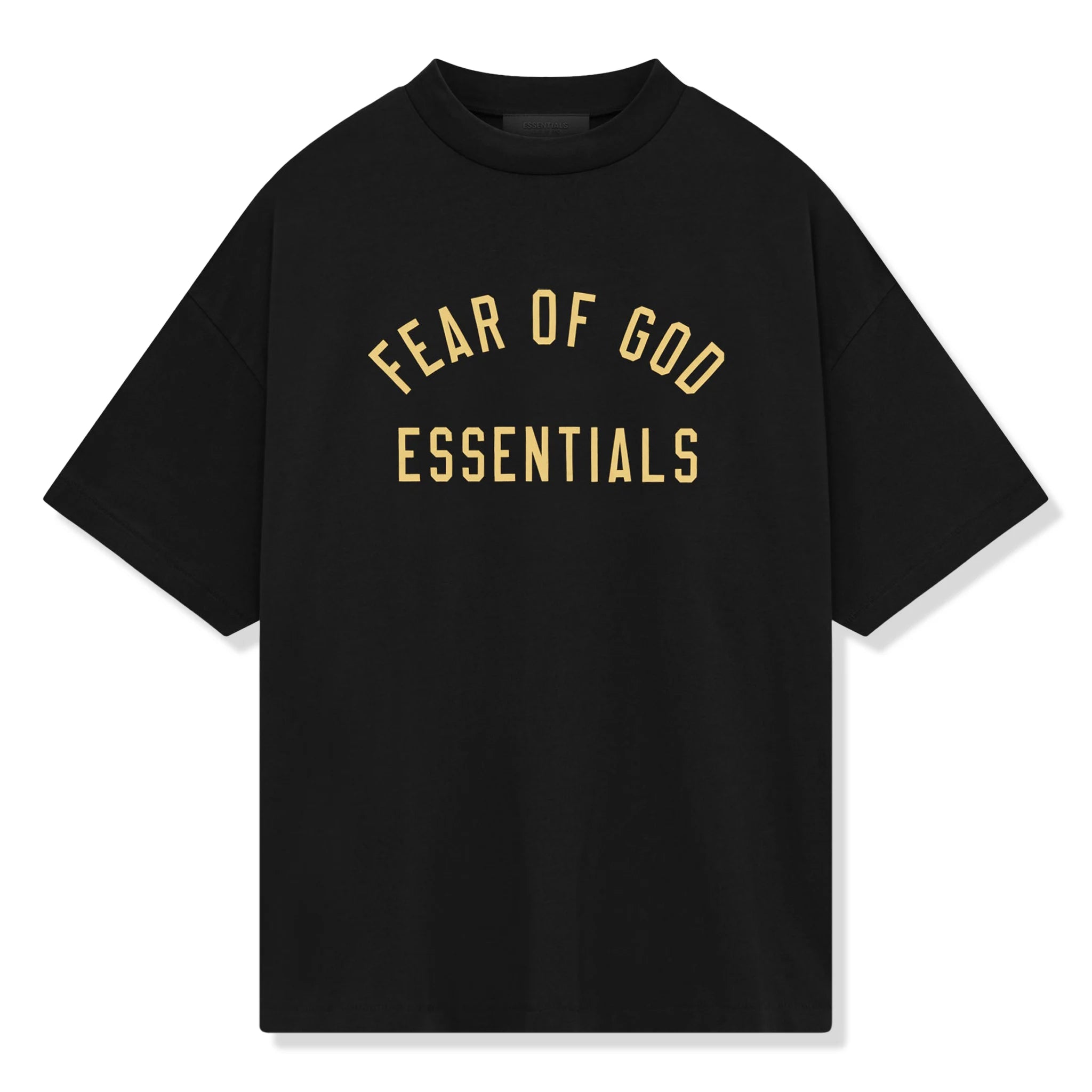 Front view of Fear Of God Essentials Jersey Crewneck Black T Shirt (FW24)