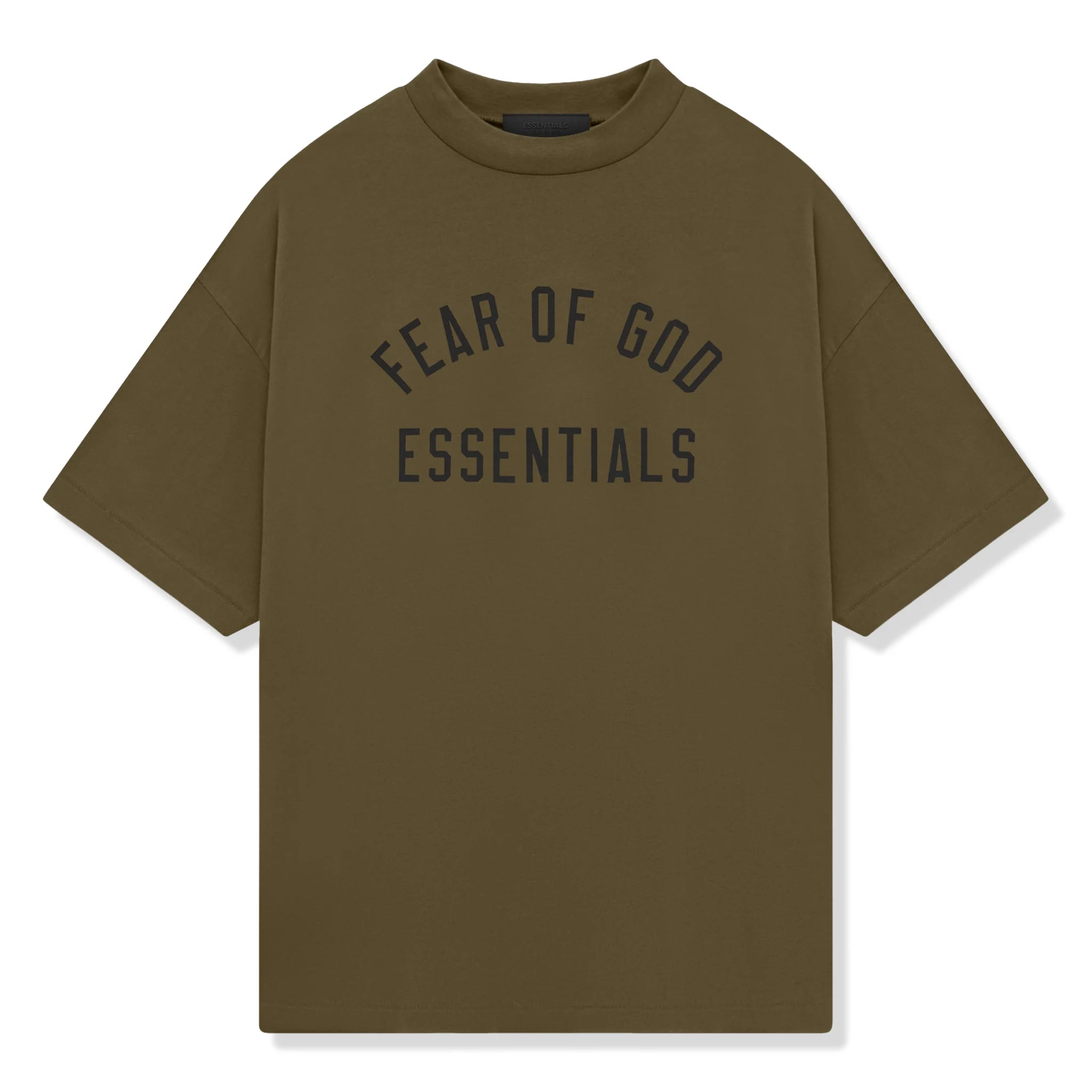 Front view of Fear Of God Essentials Jersey Crewneck Olive T Shirt (FW24)