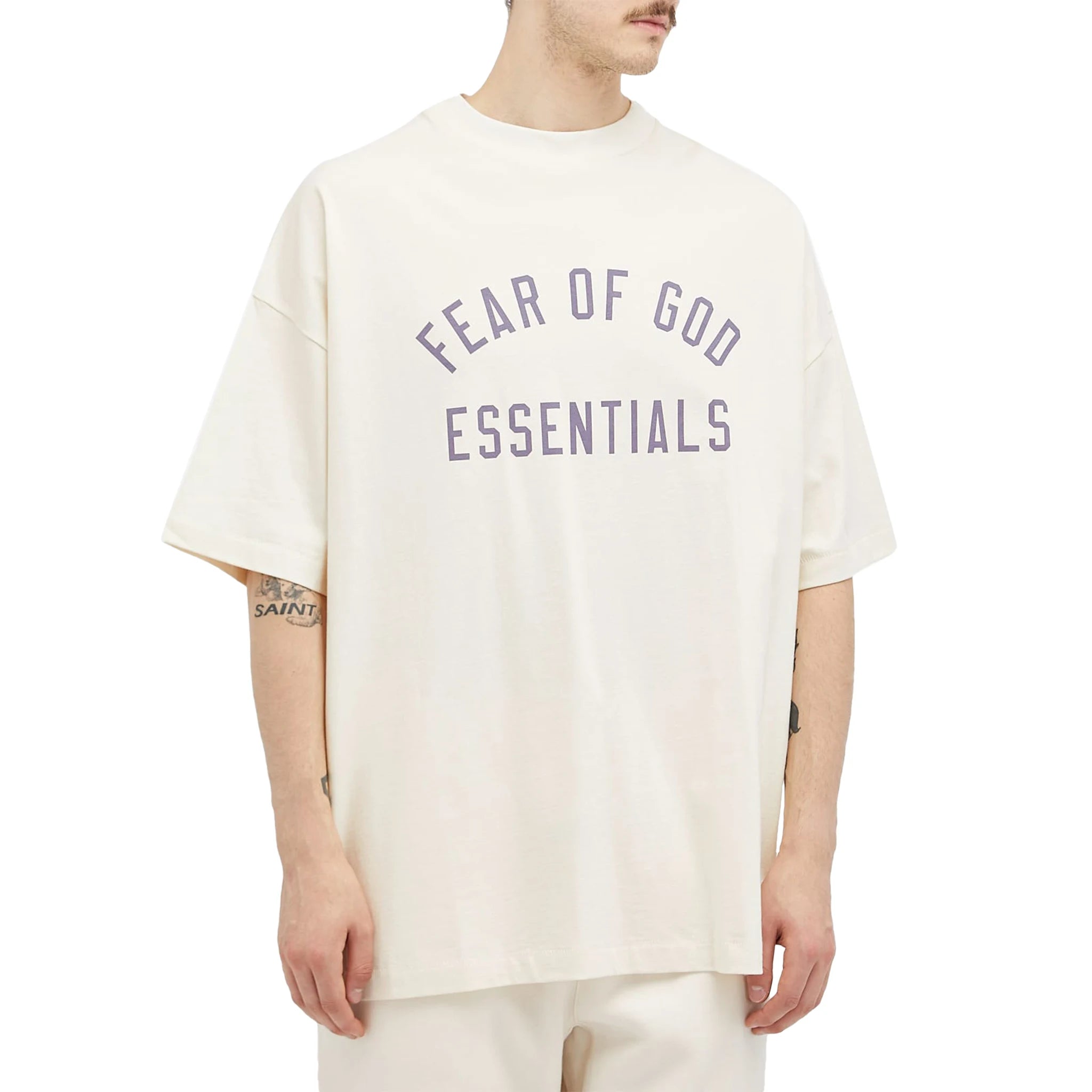 Model front view of Fear Of God Essentials Jersey Crewneck Shell T Shirt (FW24)