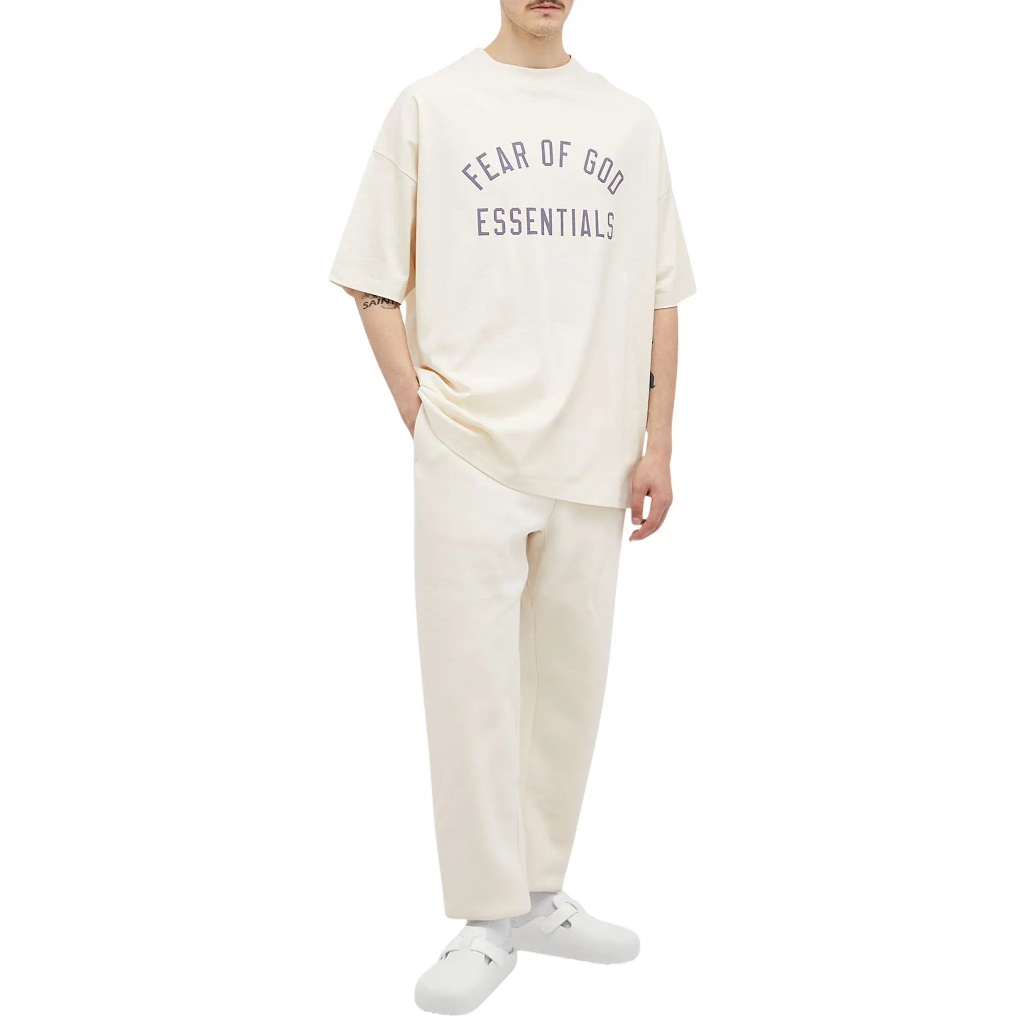 model full view of Fear Of God Essentials Jersey Crewneck Shell T Shirt (FW24)