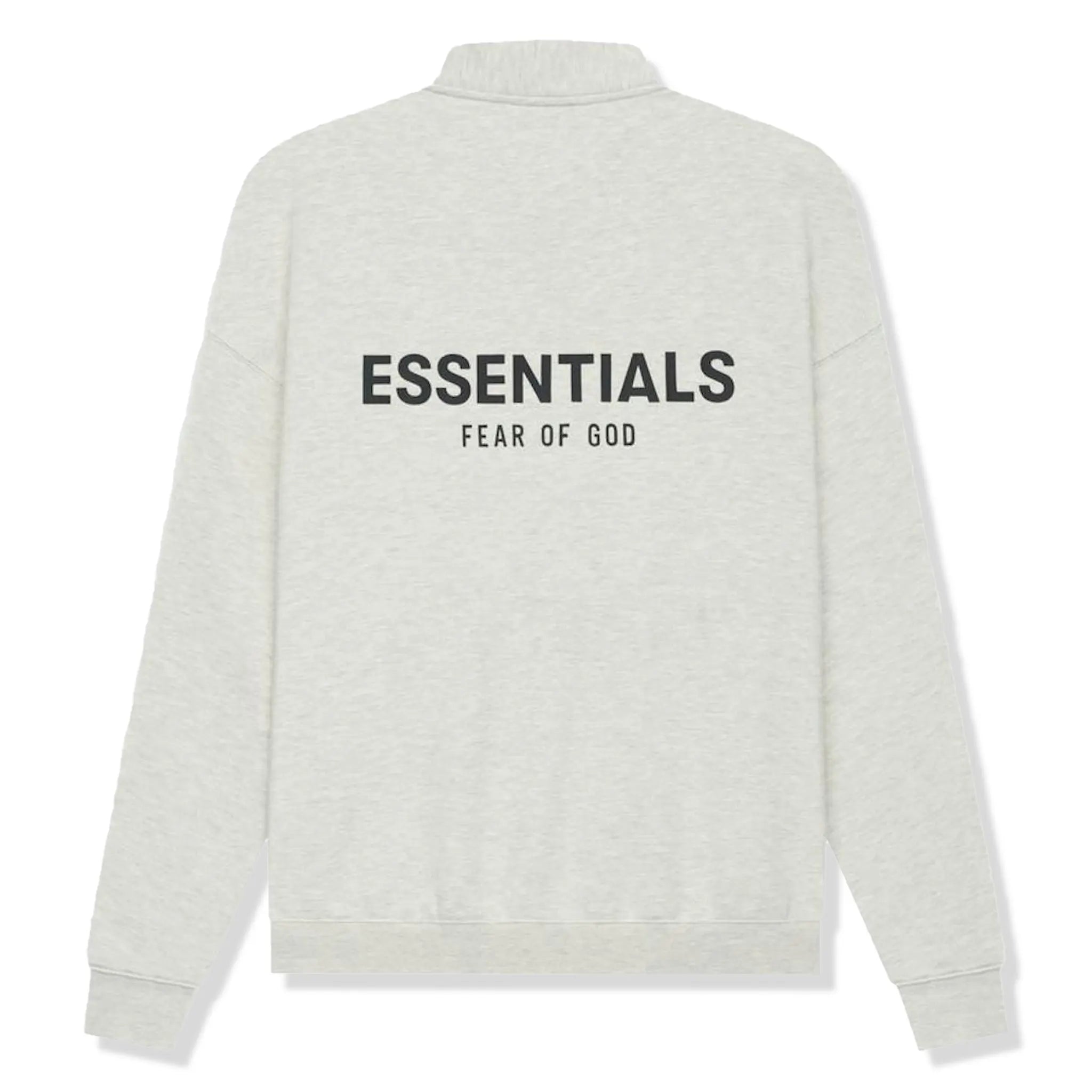 Back view of Fear Of God Essentials Light Heather Oatmeal Half-Zip Sweatshirt