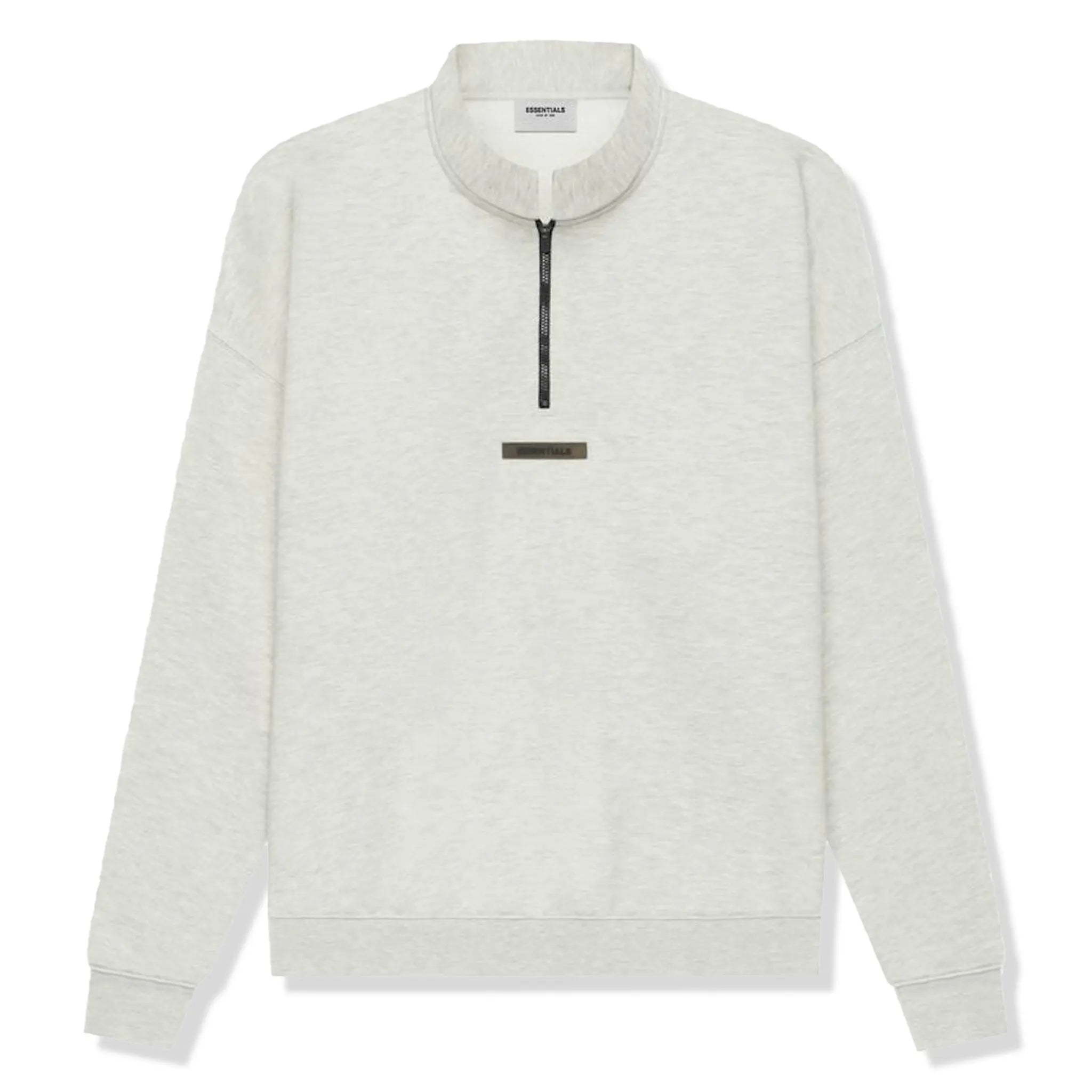 Front view of Fear Of God Essentials Light Heather Oatmeal Half-Zip Sweatshirt