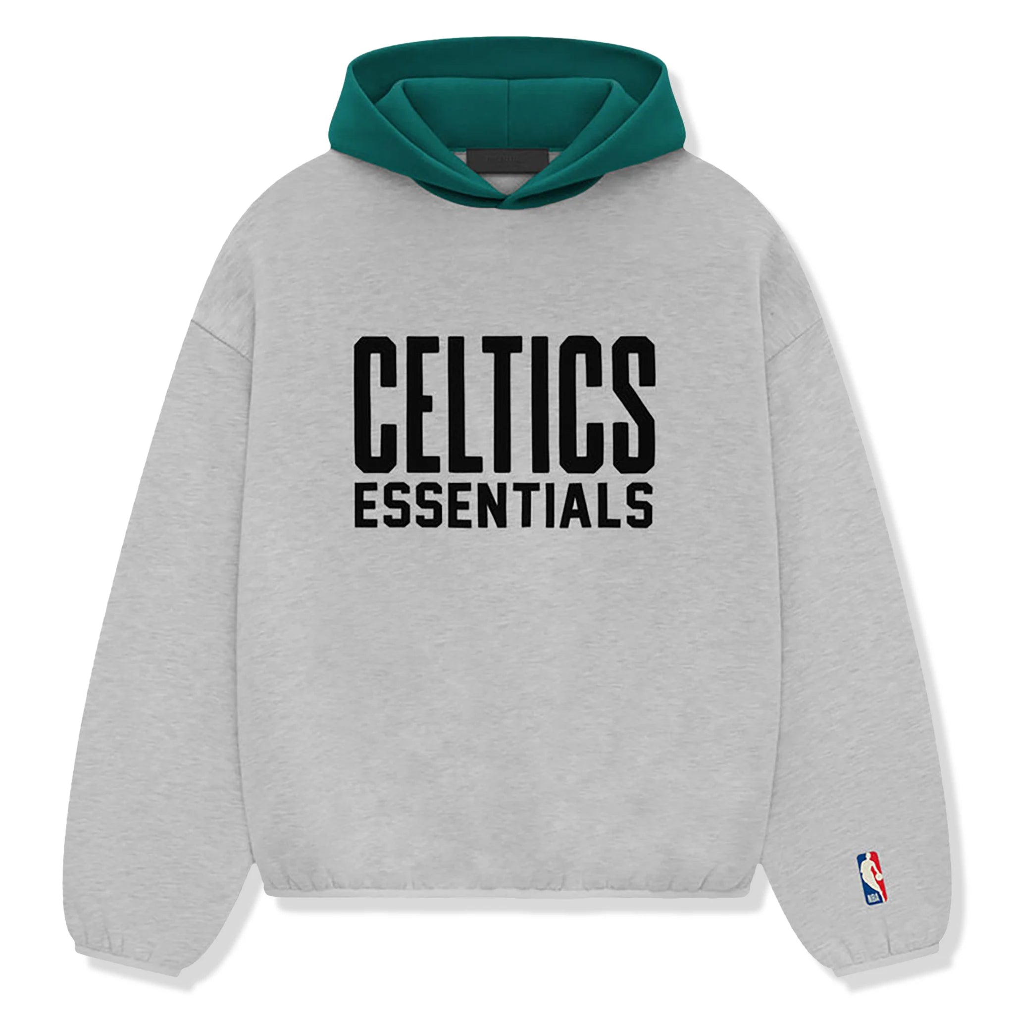 Front view of Fear Of God Essentials x Celtics Light Heather Hoodie