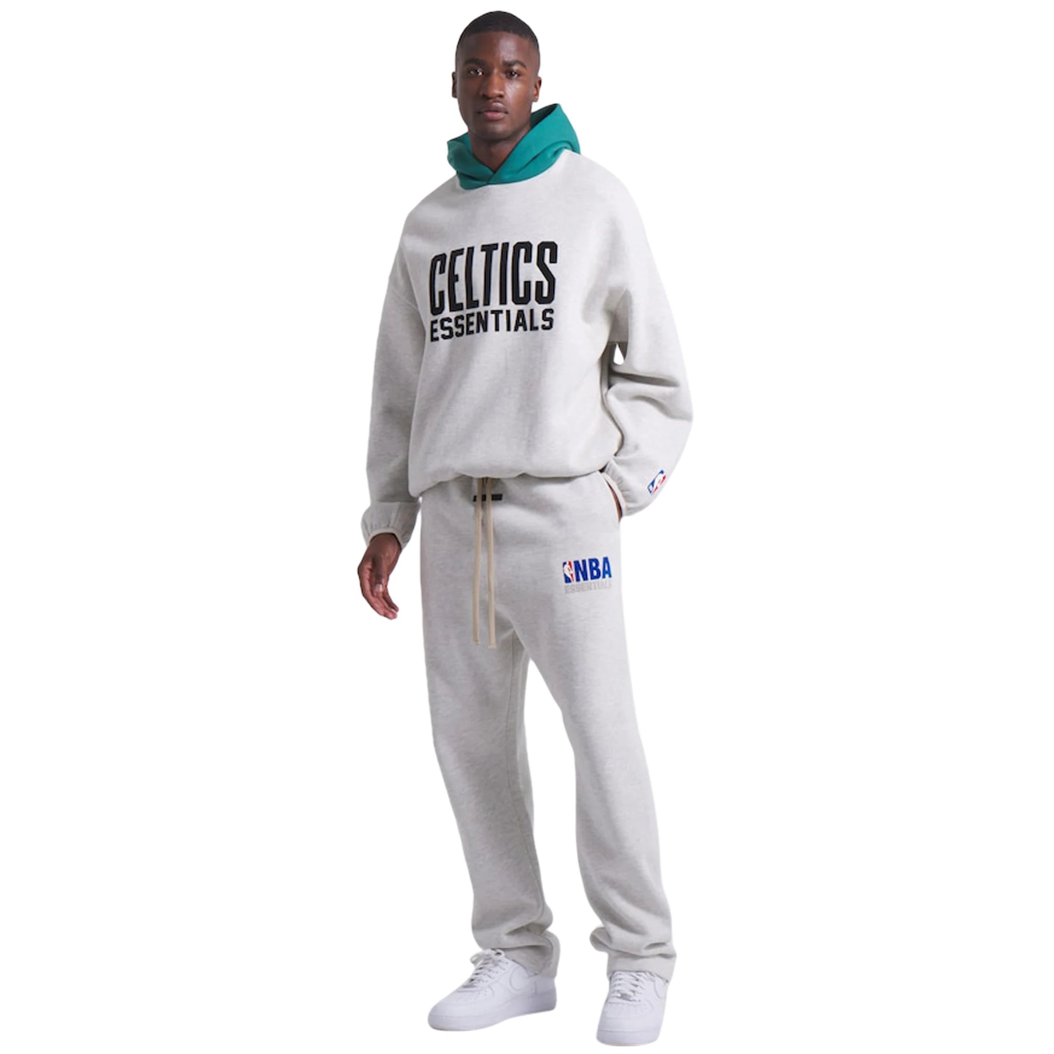 Model view of Fear Of God Essentials x Celtics Light Heather Hoodie