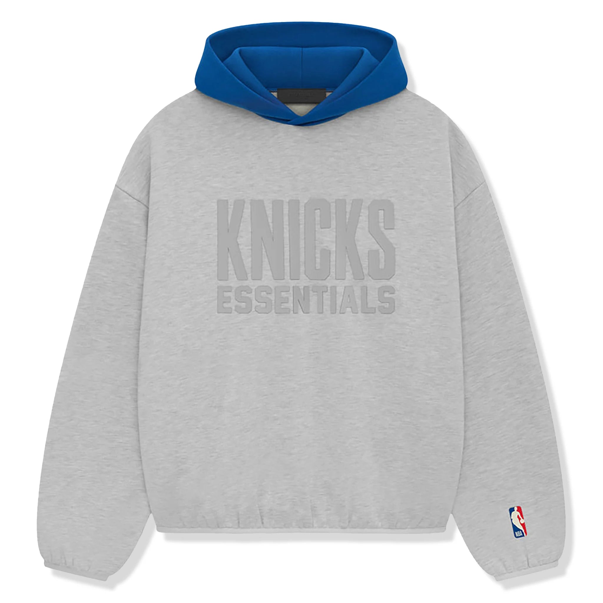 Front view of Fear Of God Essentials x Knicks Light Heather Hoodie