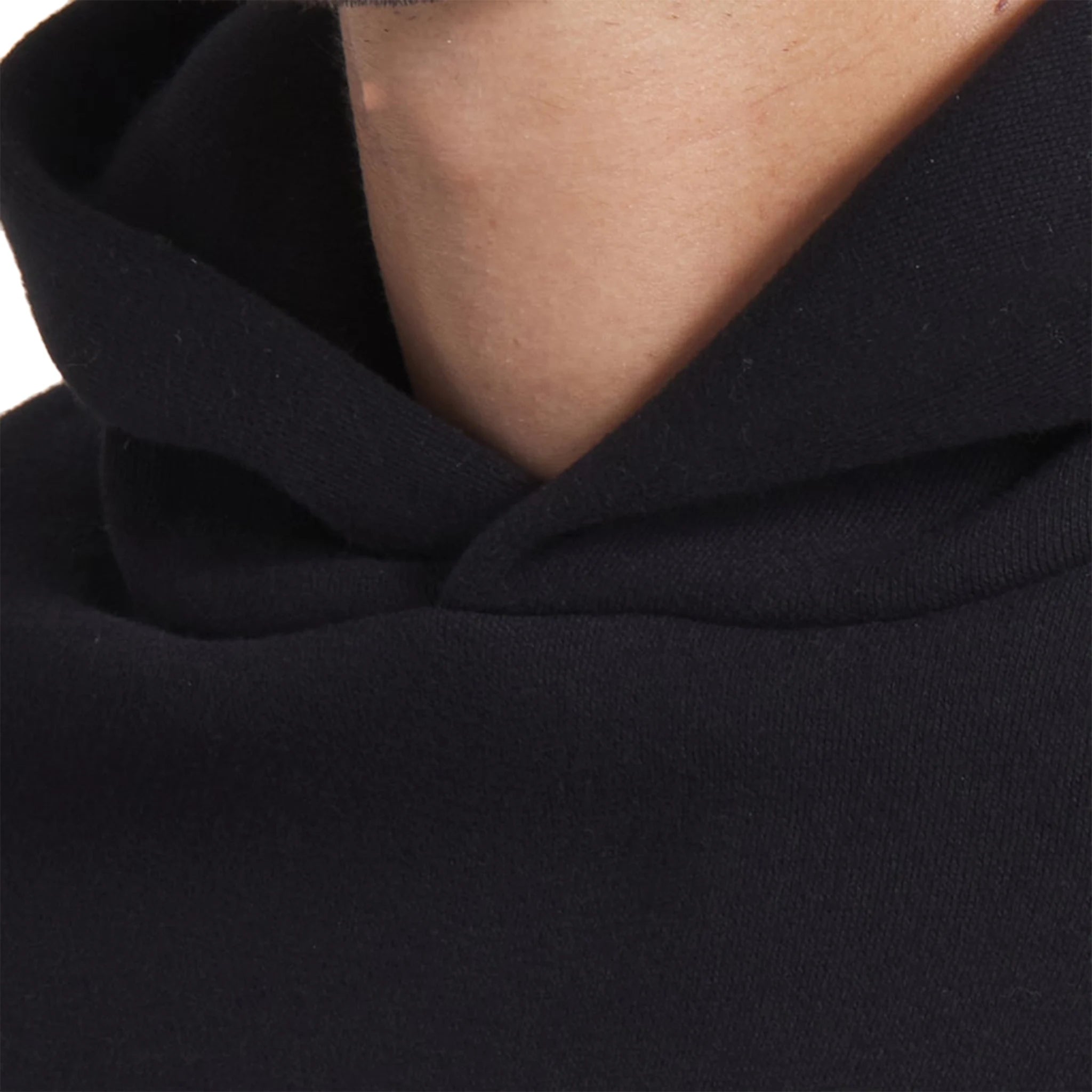 Model neck view of Fear Of God Essentials x NBA Black Hoodie 192AL246401F