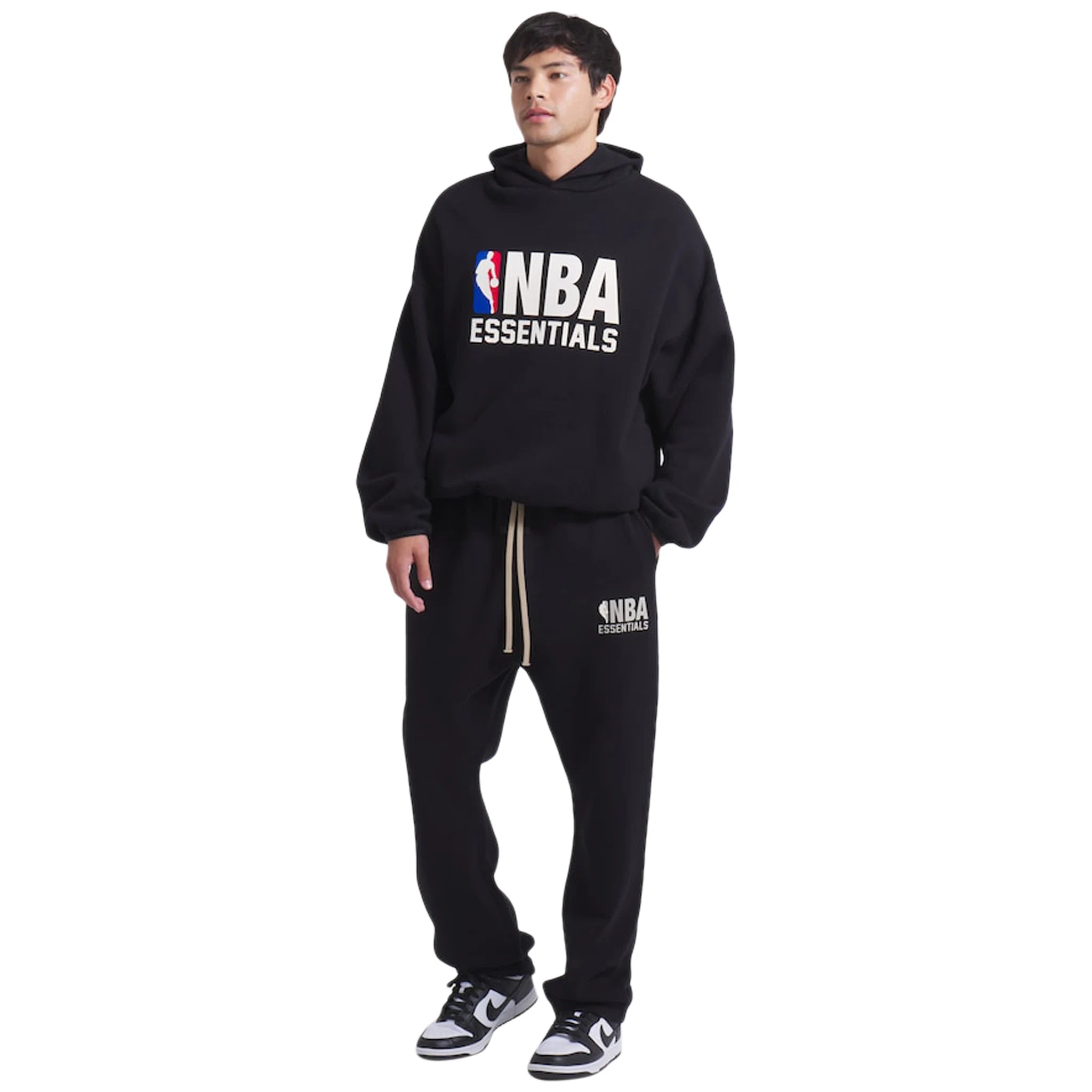 Model view of Fear Of God Essentials x NBA Black Hoodie 192AL246401F