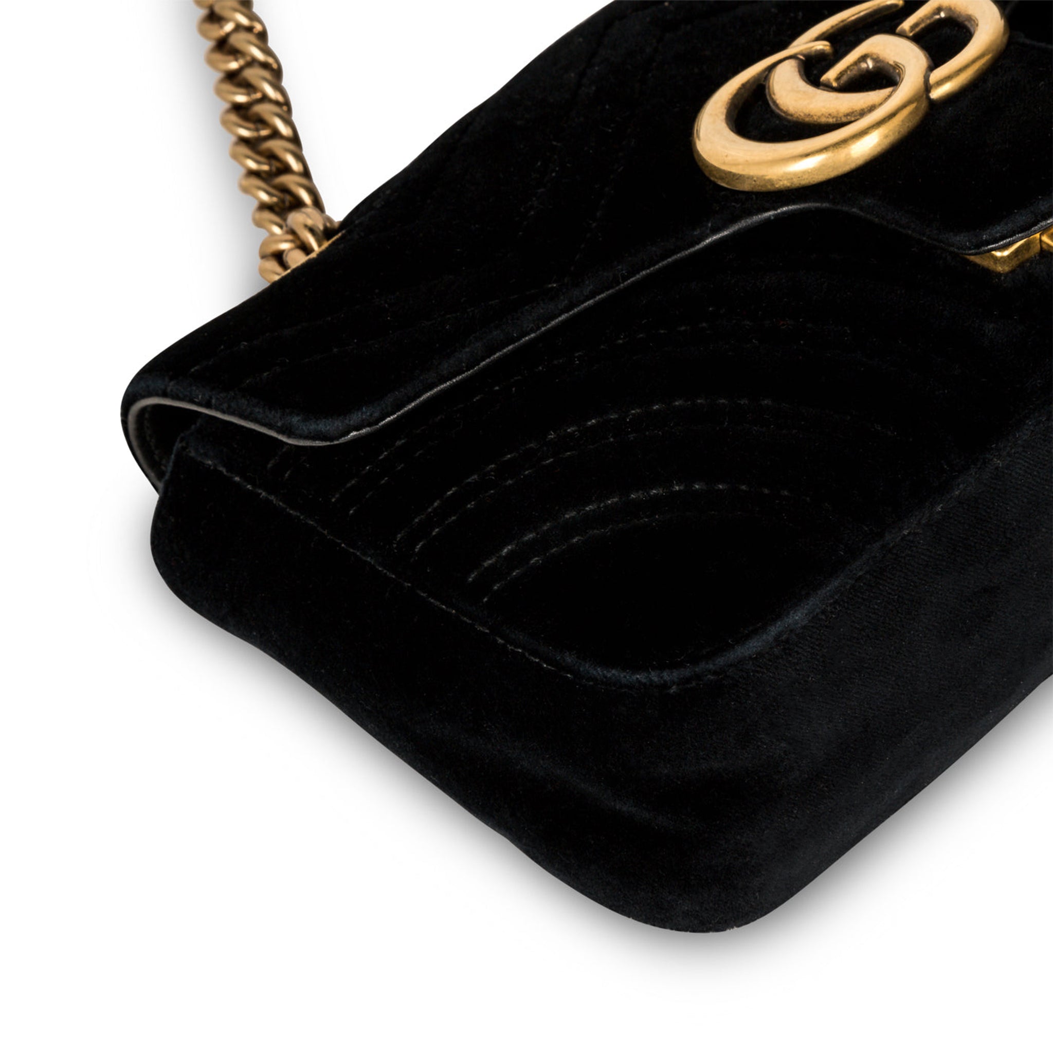 Corner view of Gucci GG Marmont Velvet Black Shoulder Bag