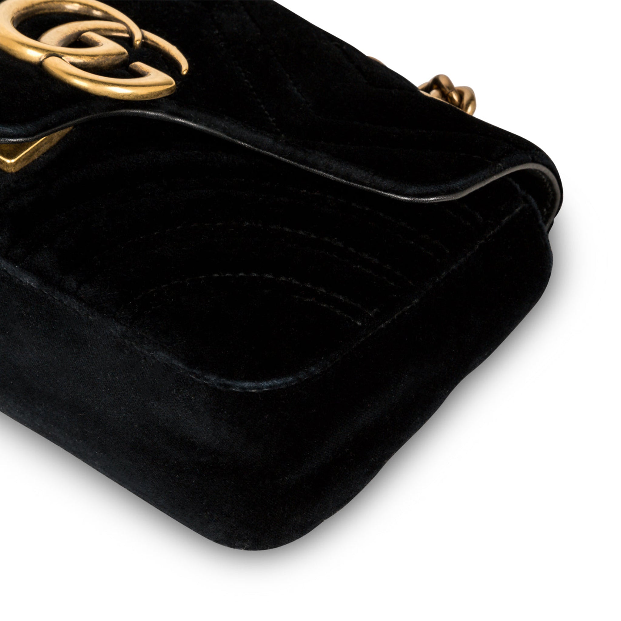 Corner view of Gucci GG Marmont Velvet Black Shoulder Bag