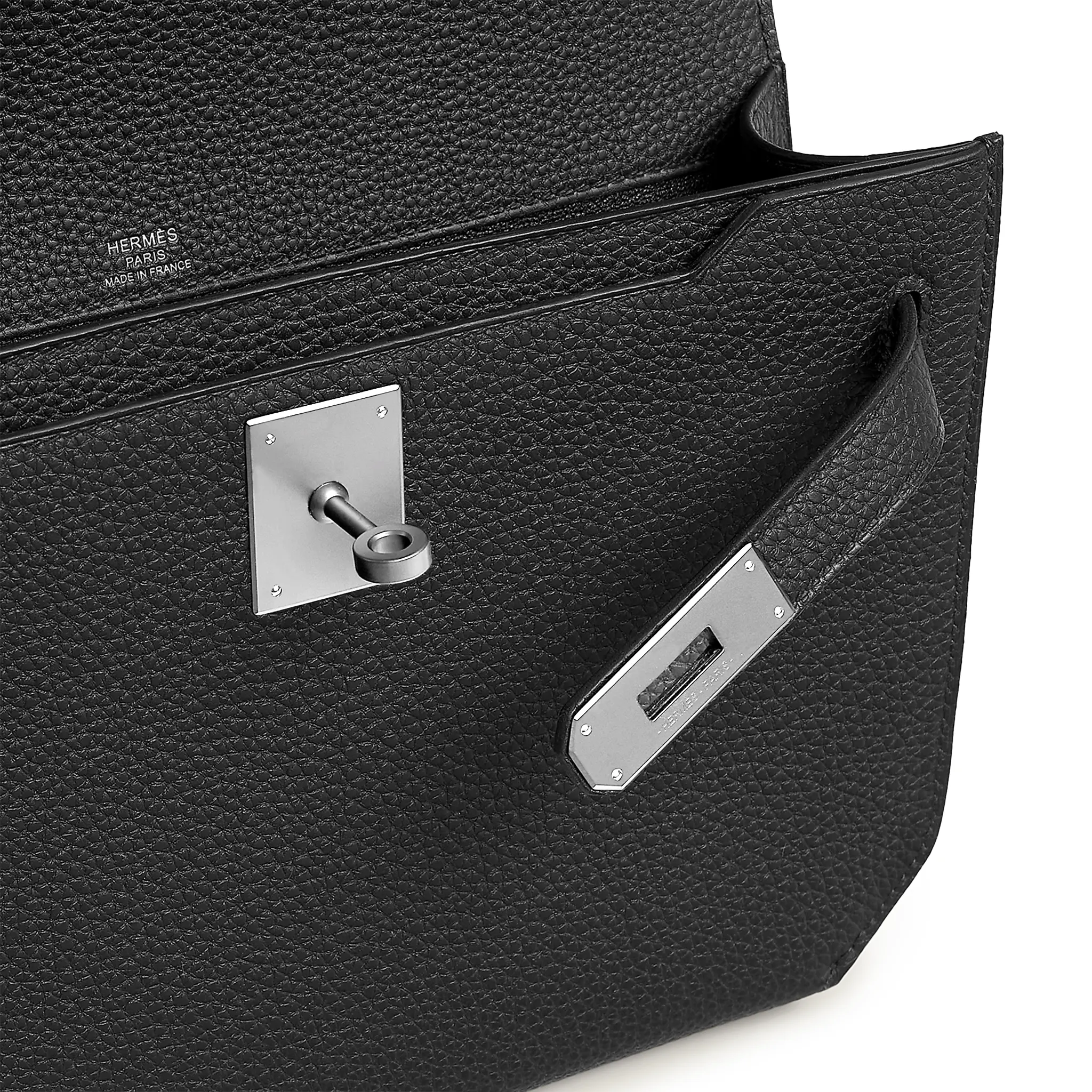 Detail view of Hermès Kelly Depeches 25 Togo Black Palladium Hardware H078401CK89