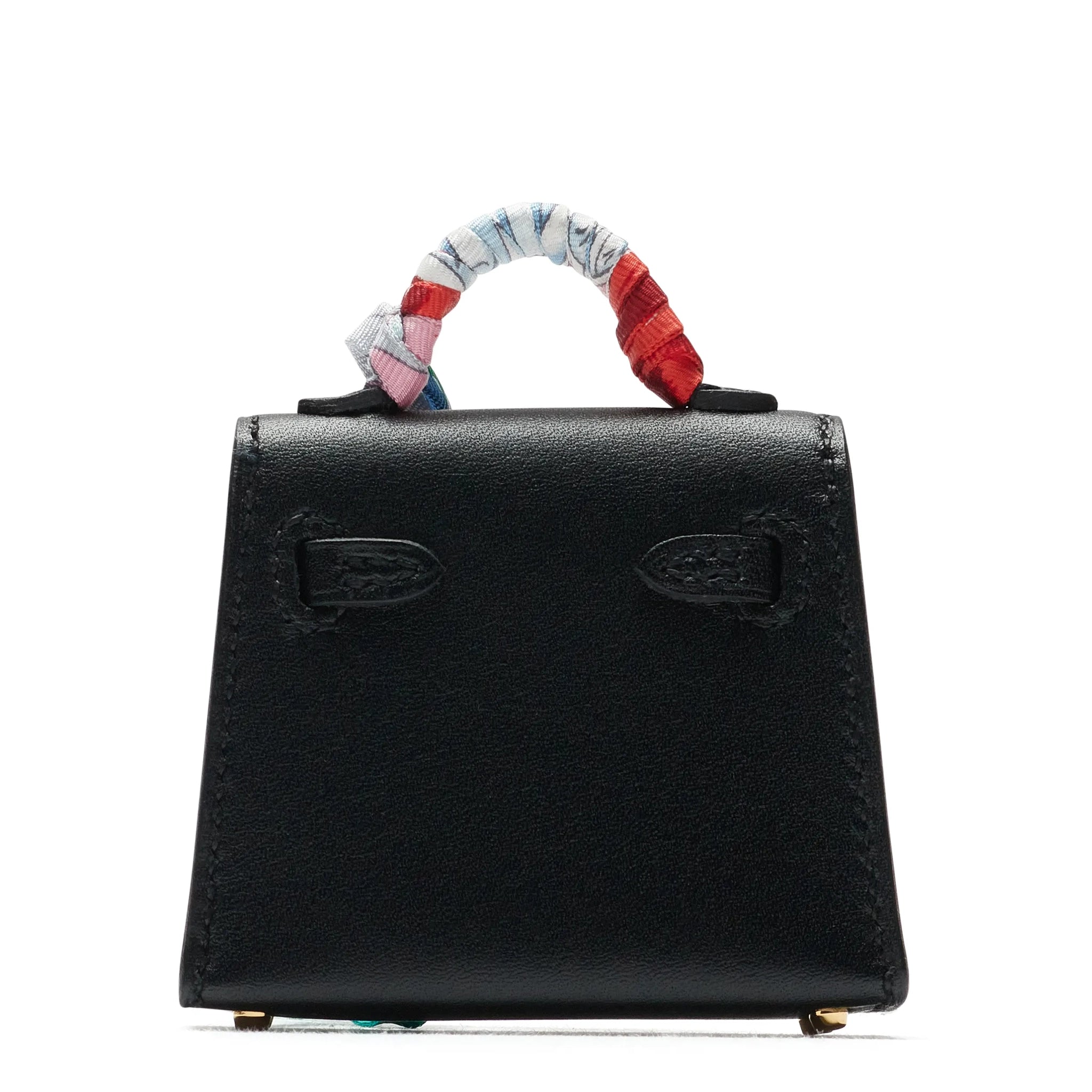 Back view of Hermès Micro Kelly Twilly Black Leather Bag Charm Gold Hardware 