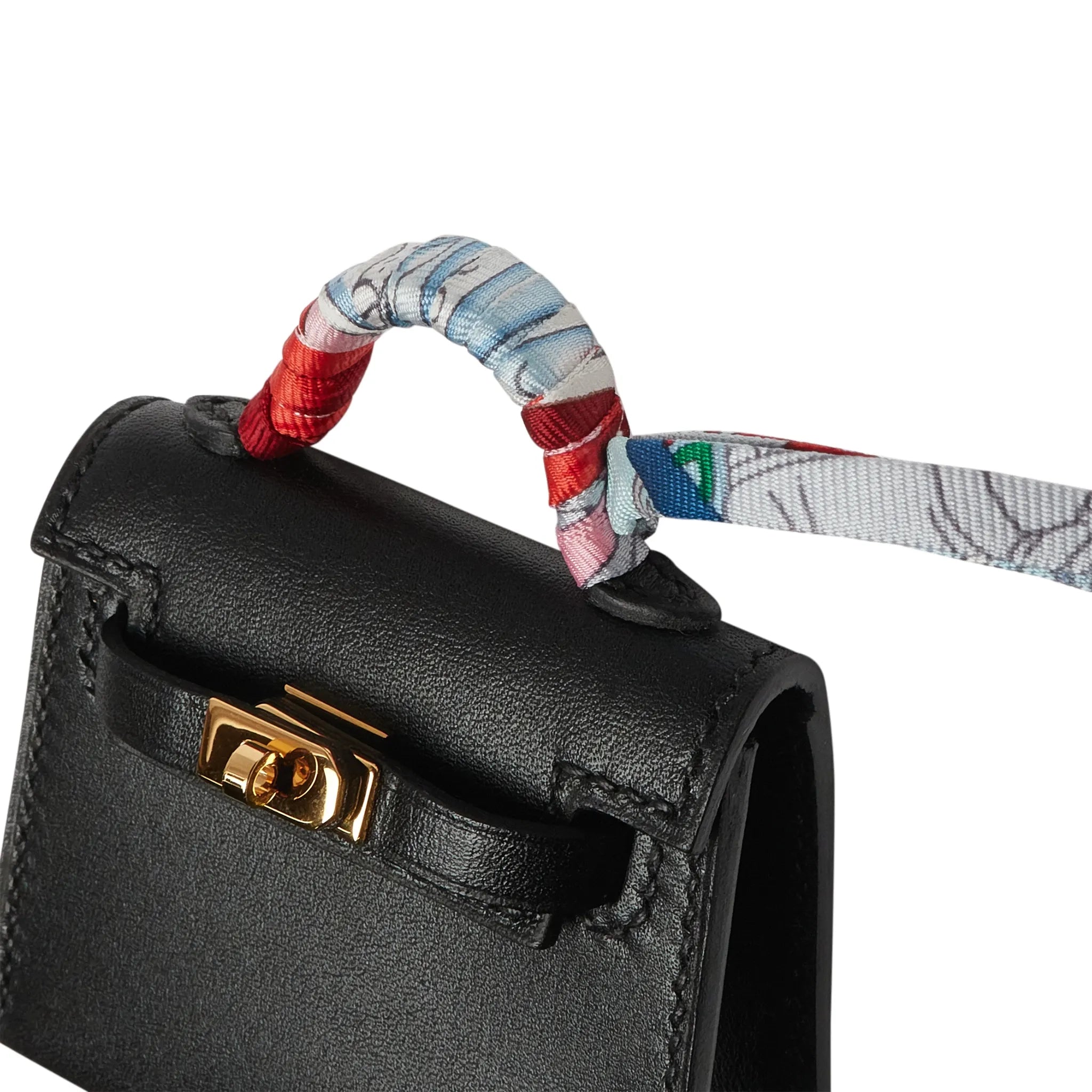 Handle view of Hermès Micro Kelly Twilly Black Leather Bag Charm Gold Hardware 