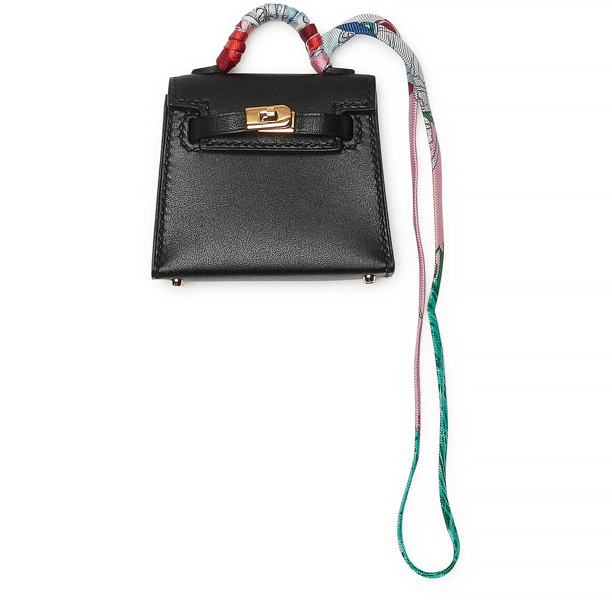 Front view of Hermès Micro Kelly Twilly Black Leather Bag Charm Gold Hardware 