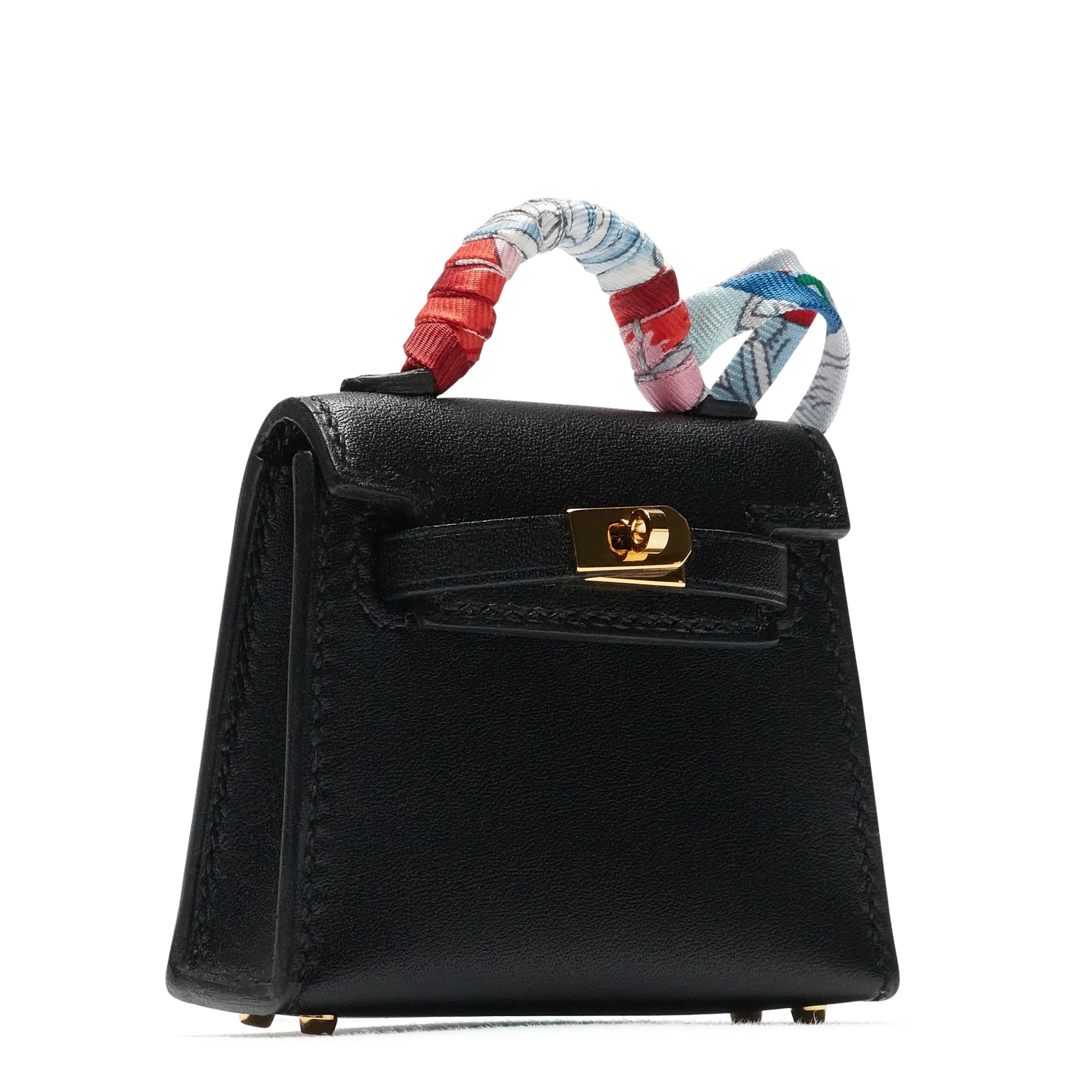 Front side view of Hermès Micro Kelly Twilly Black Leather Bag Charm Gold Hardware 