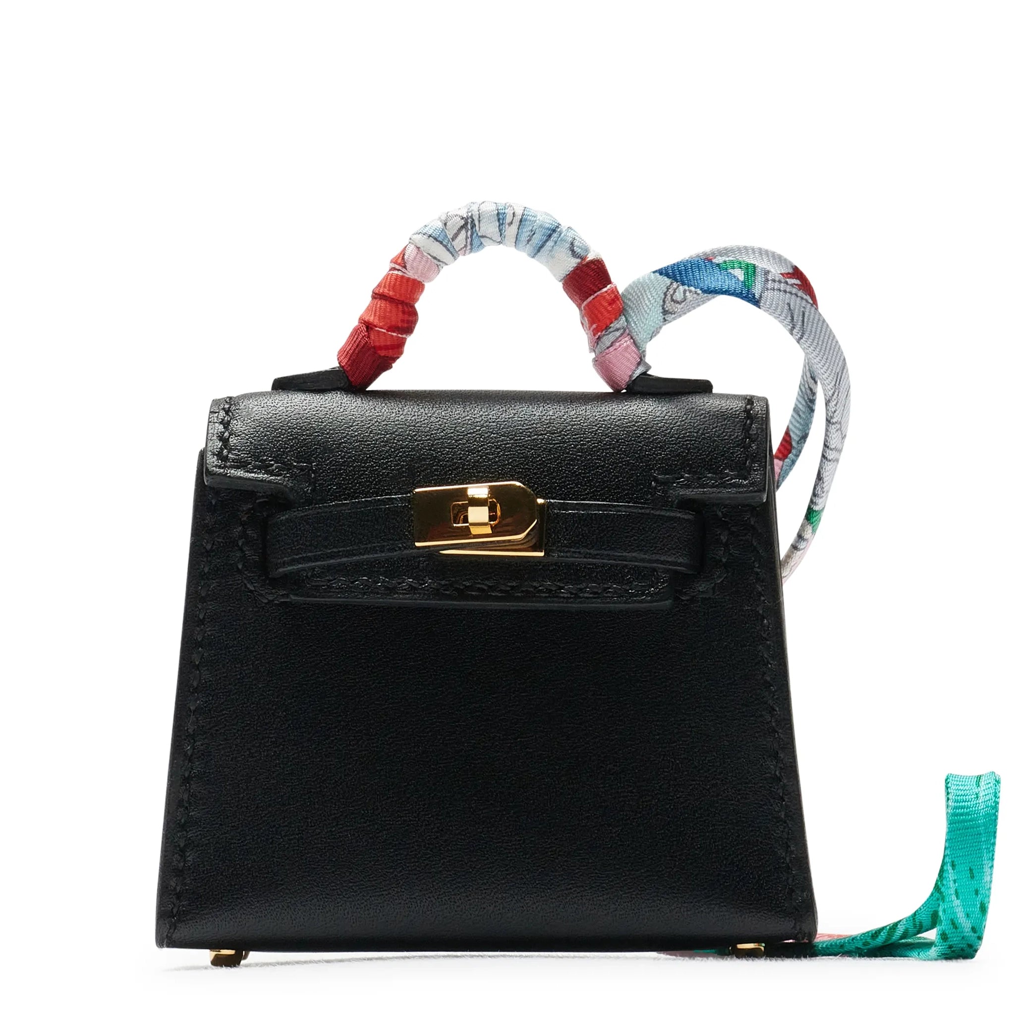 Front view of Hermès Micro Kelly Twilly Black Leather Bag Charm Gold Hardware 