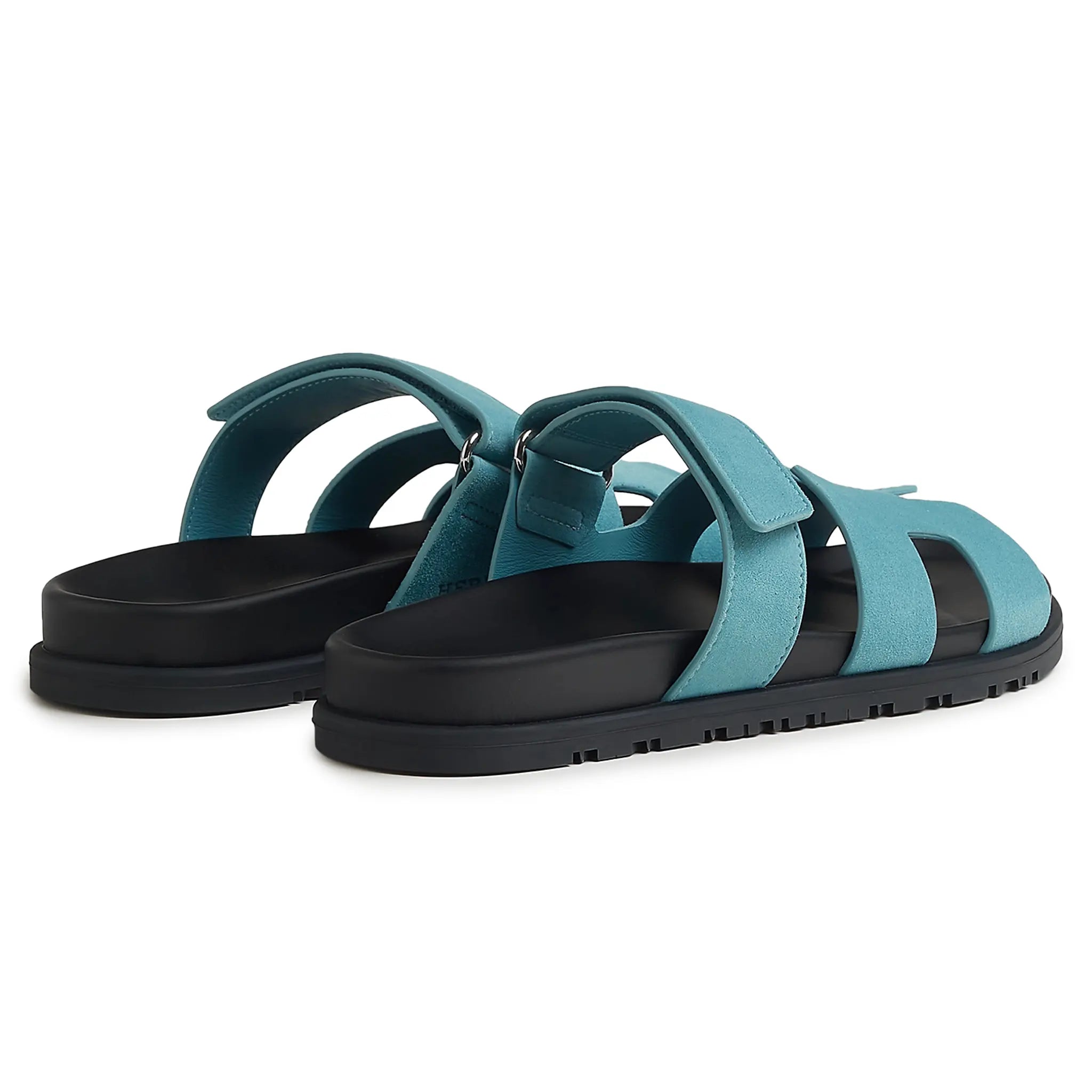 Back Side view of Hermes Paris Chypre Suede Goatskin Blue Mineral Sandals H222297Zv6H360