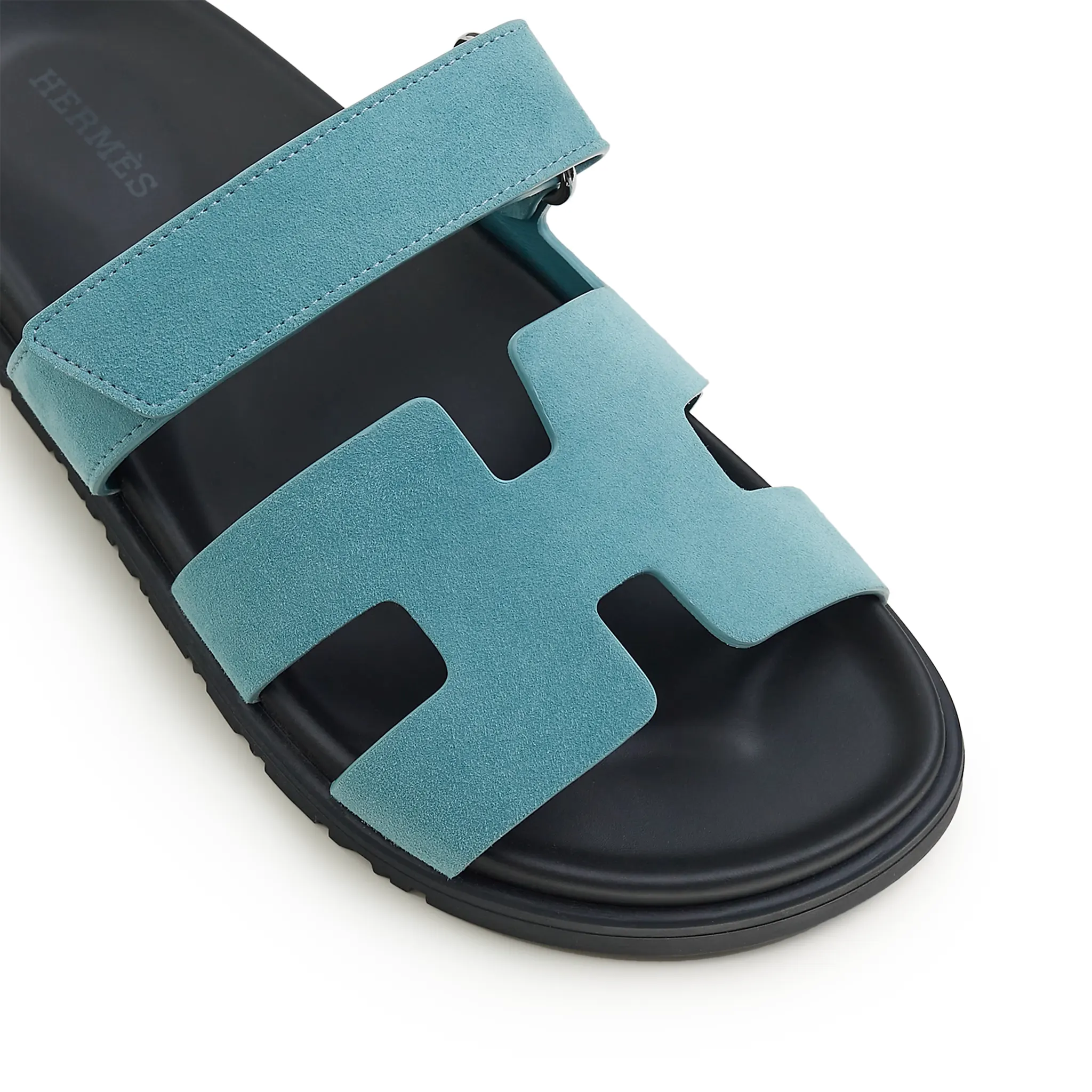 Front view of Hermes Paris Chypre Suede Goatskin Blue Mineral Sandals H222297Zv6H360