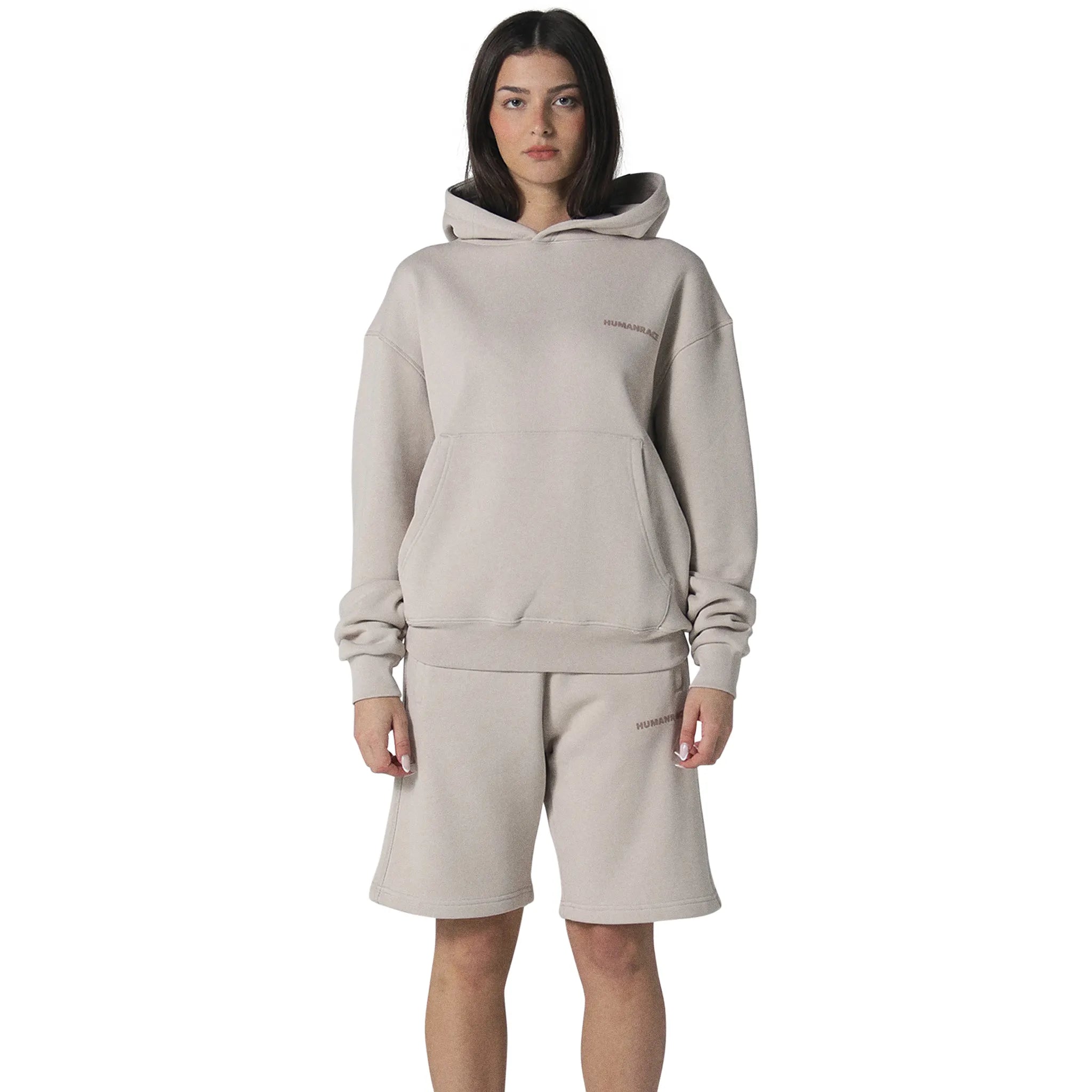 Model female front view of Human Race Erisi Deep Taupe Hoodie