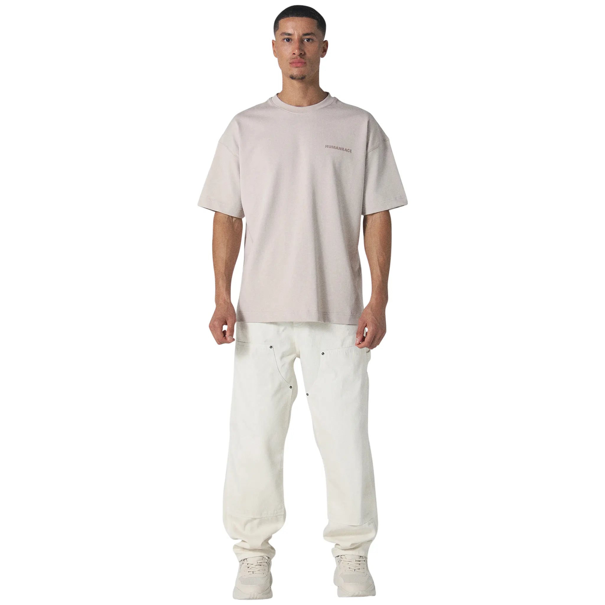 Model front view of Human Race Genetics Ecru Carpenter Jeans 