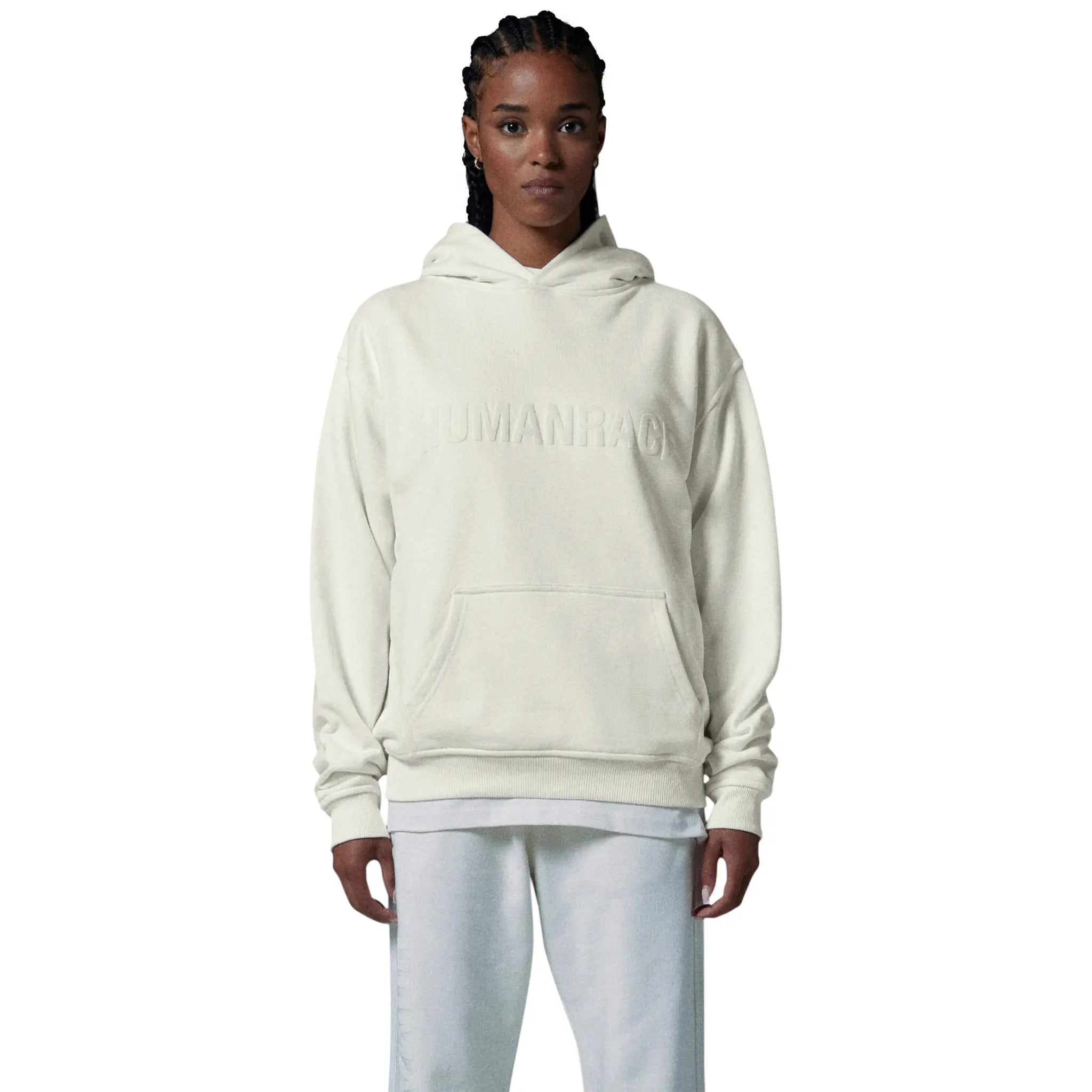 Model front view of Human Race Human Bone White Hoodie