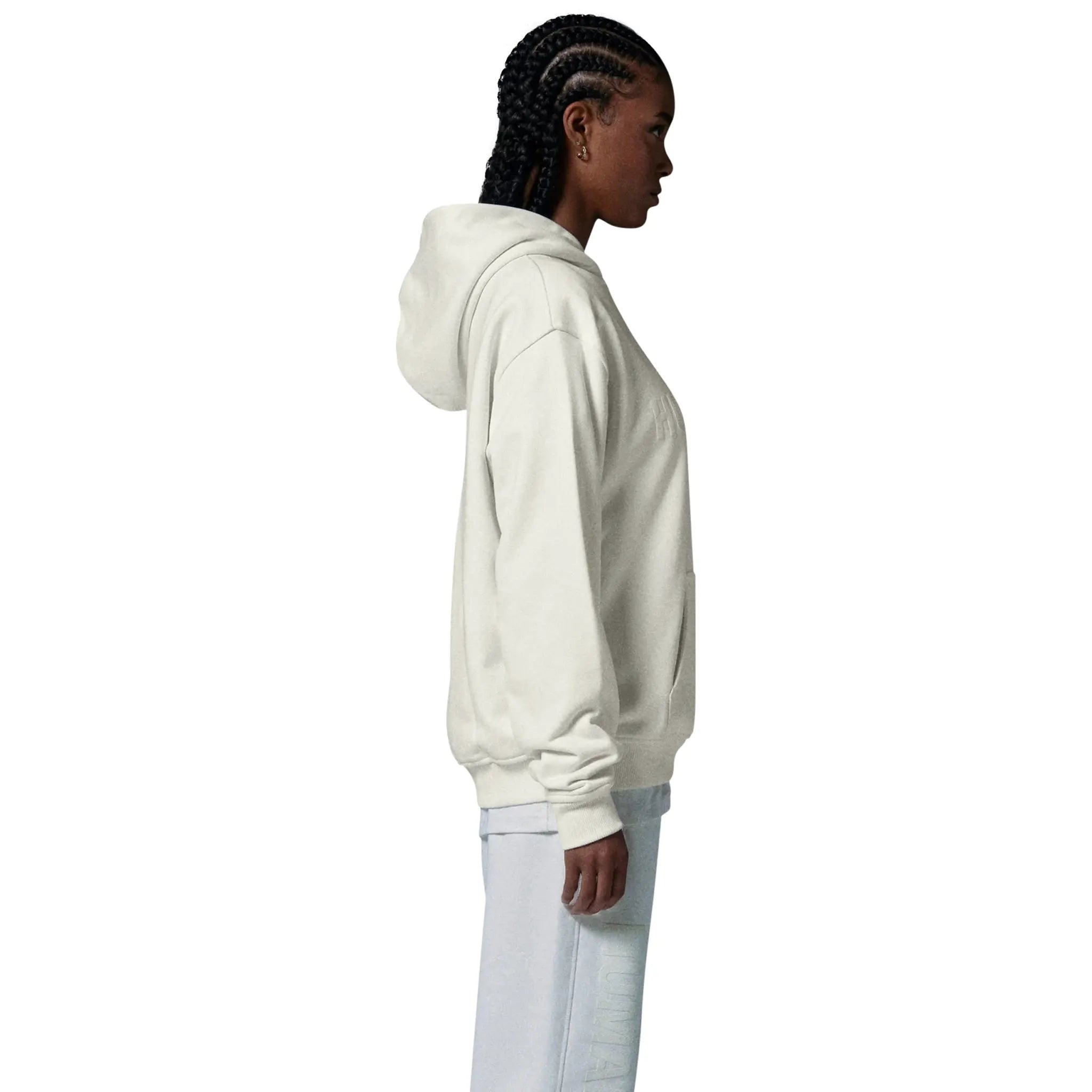 Model side view of Human Race Human Bone White Hoodie