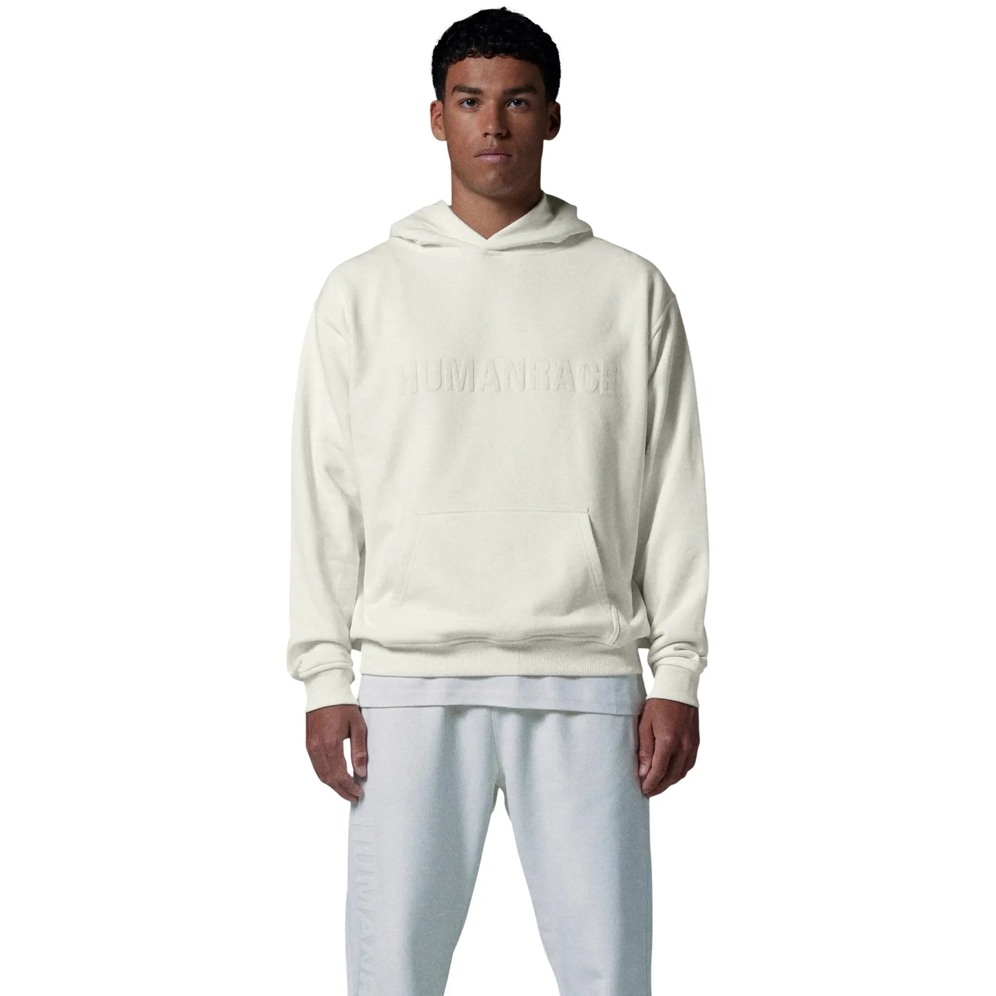 Model front view of Human Race Human Bone White Hoodie