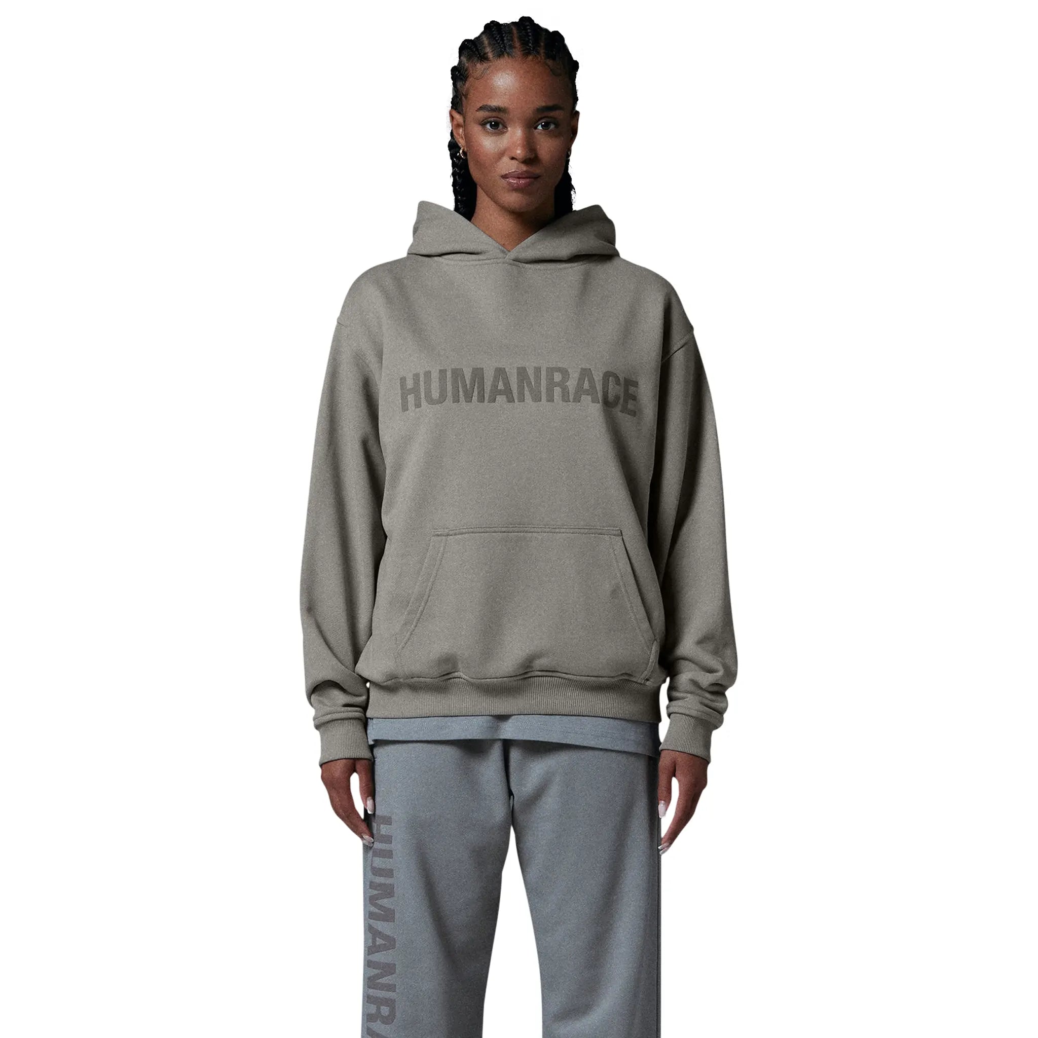 Model front view of Human Race Human Desert Grey Hoodie