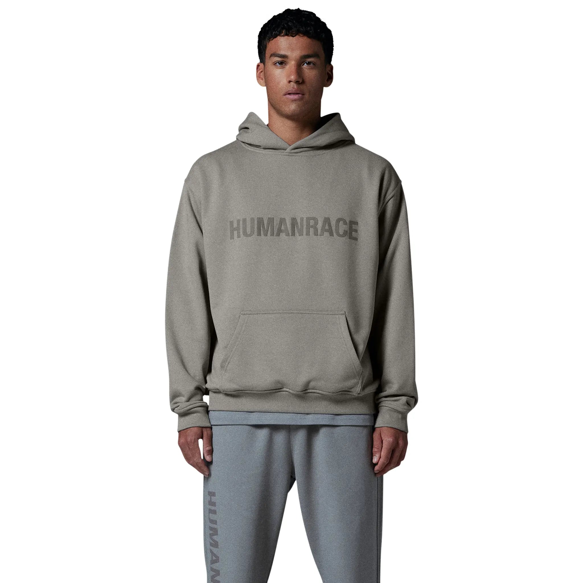 Model front view of Human Race Human Desert Grey Hoodie