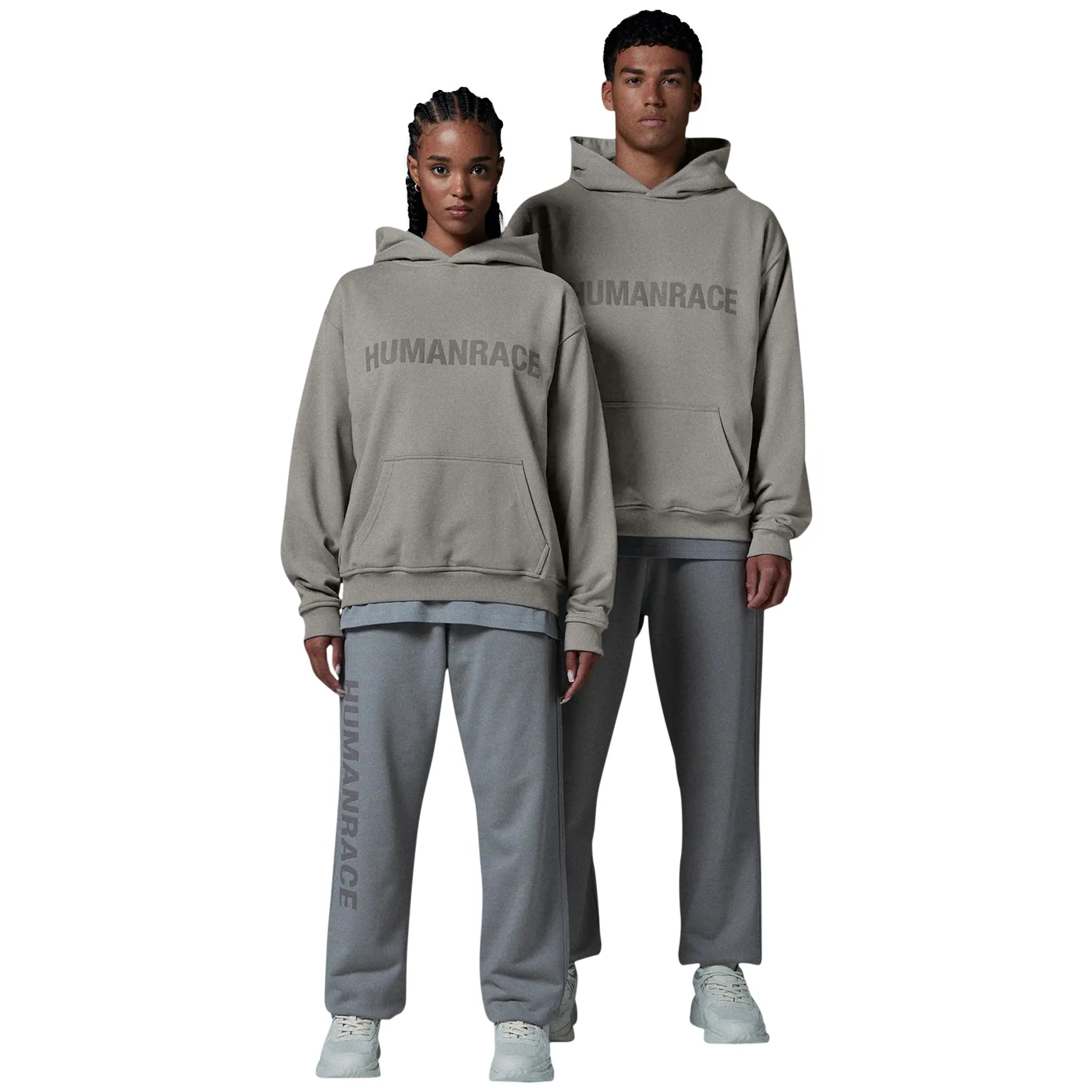 Model front view of Human Race Human Desert Grey Hoodie