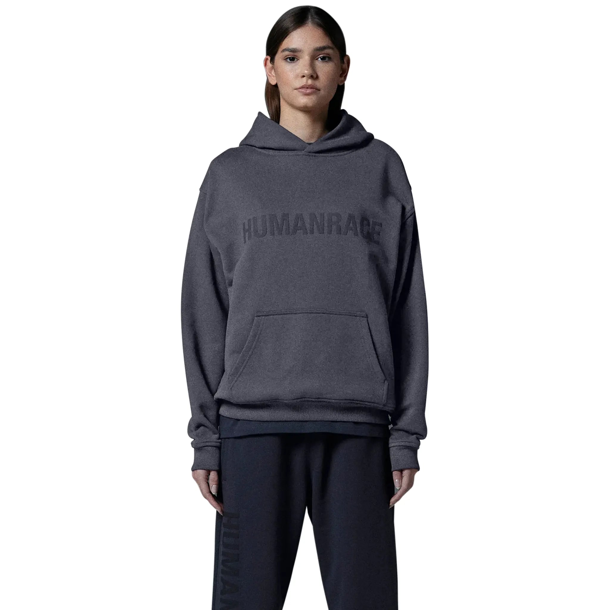 Model front view of Human Race Human Dusty Grey Hoodie