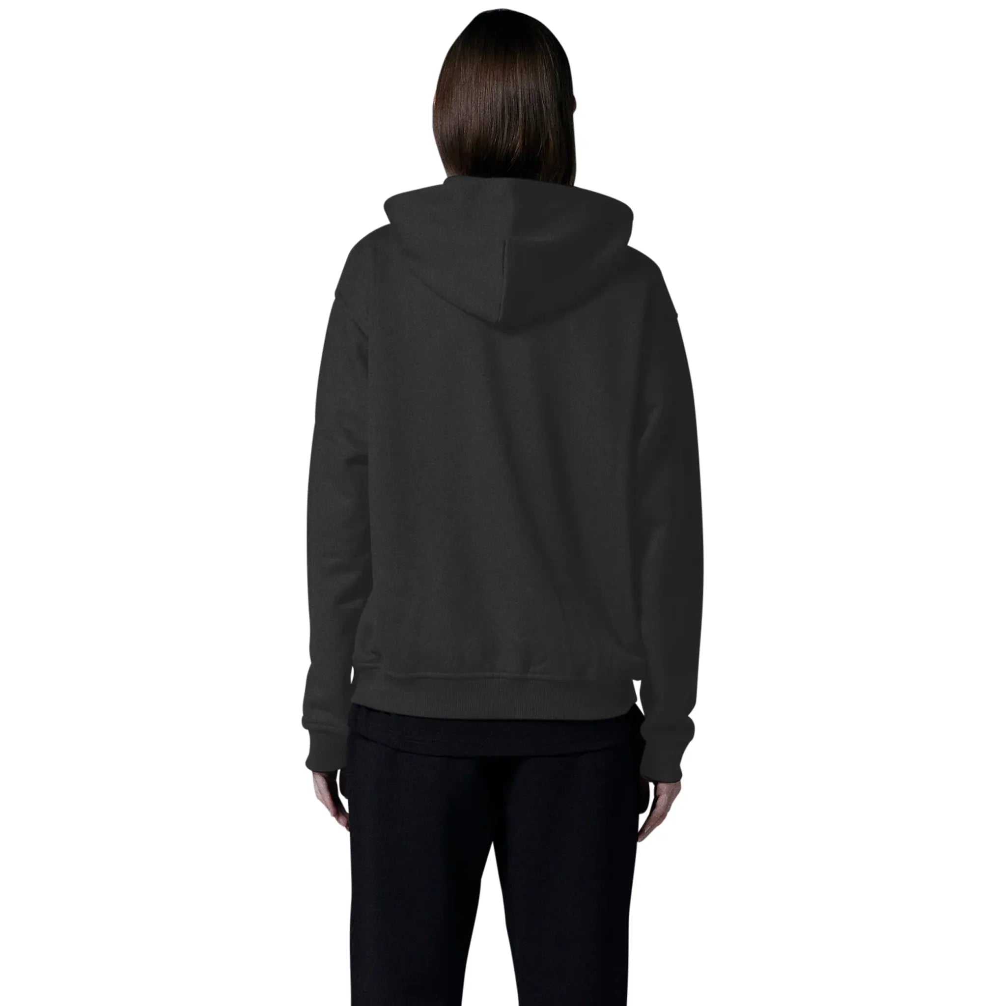 Model female back view of Human Race Human Jet Black Hoodie