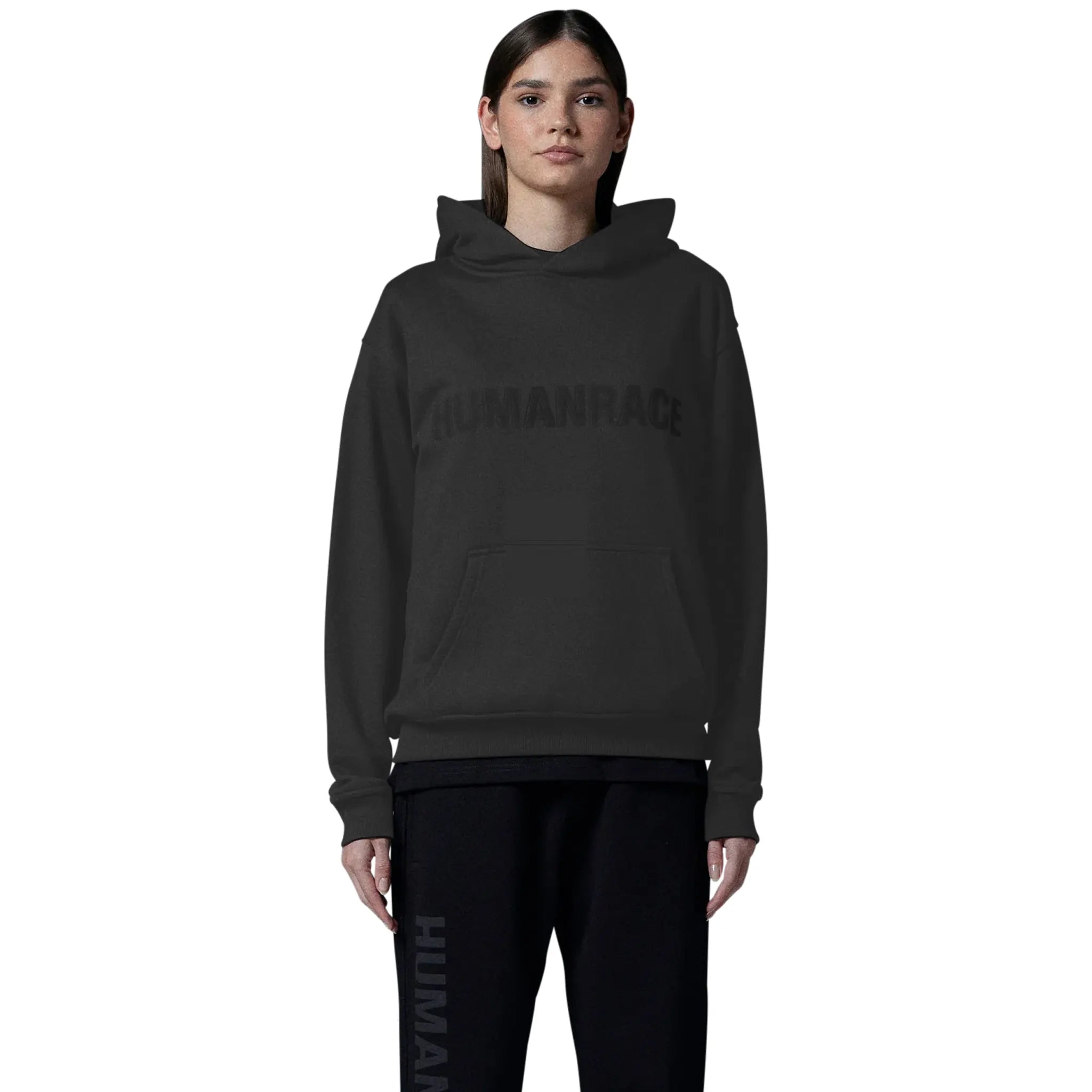 Model female front view of Human Race Human Jet Black Hoodie