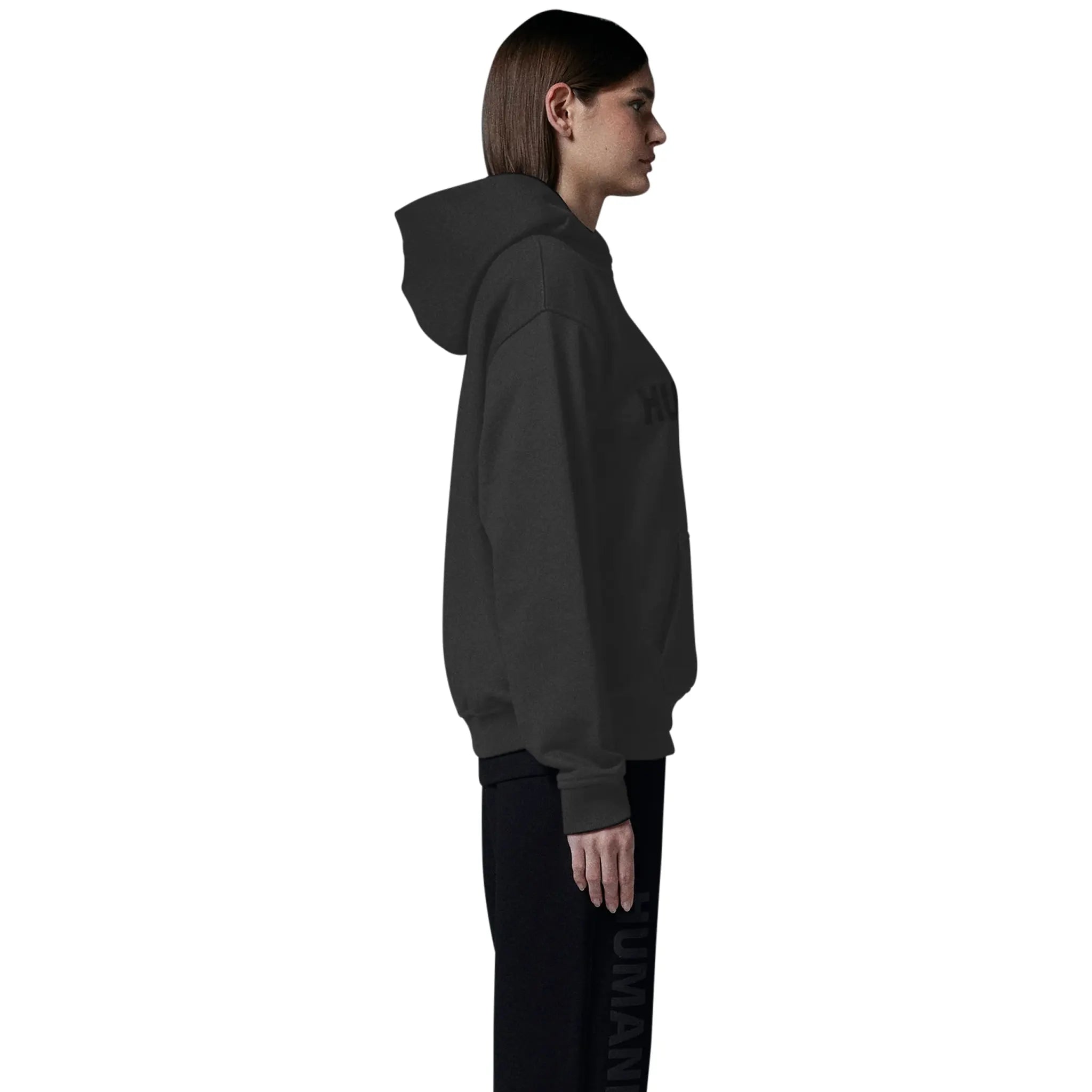 Model female side view of Human Race Human Jet Black Hoodie