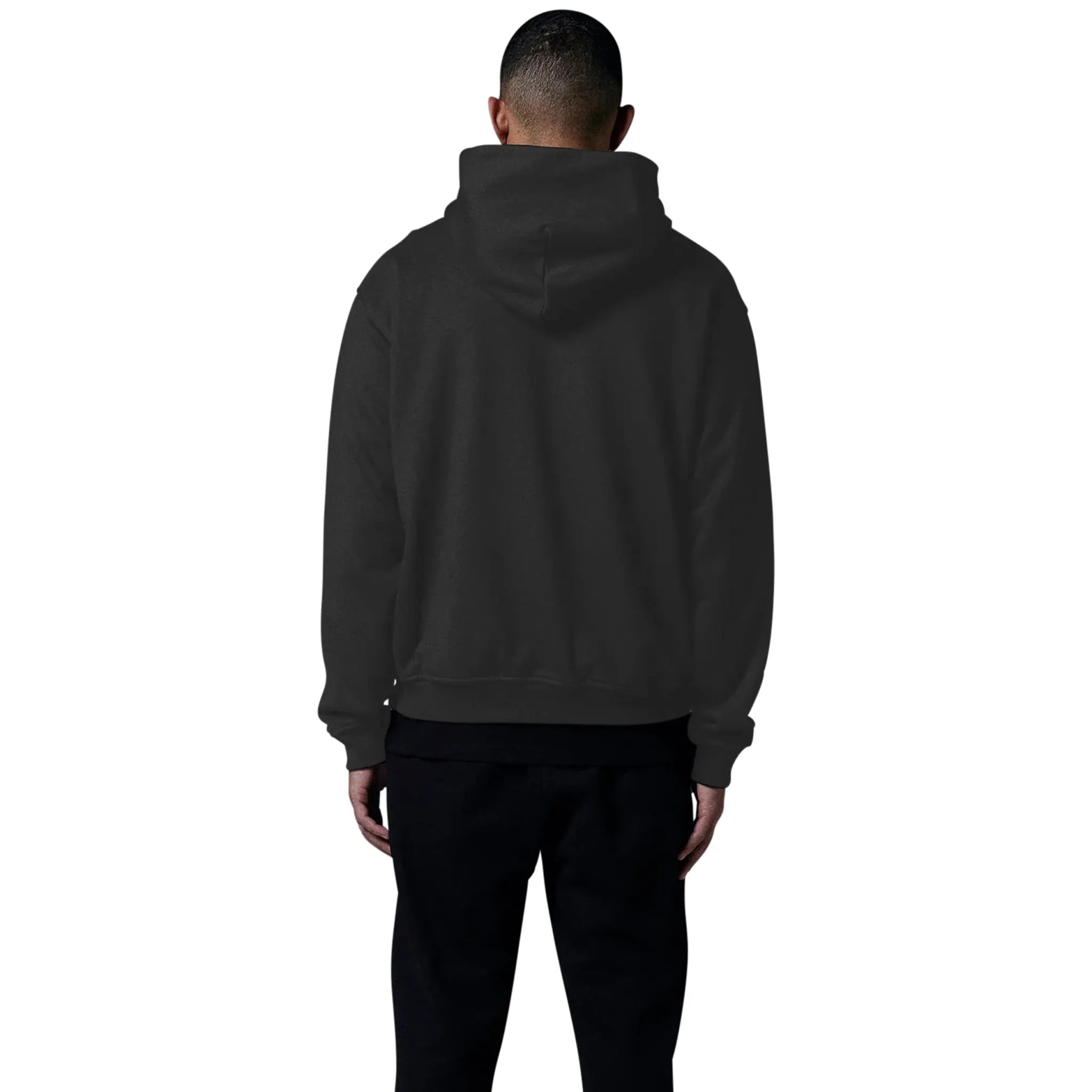 Model male back view of Human Race Human Jet Black Hoodie