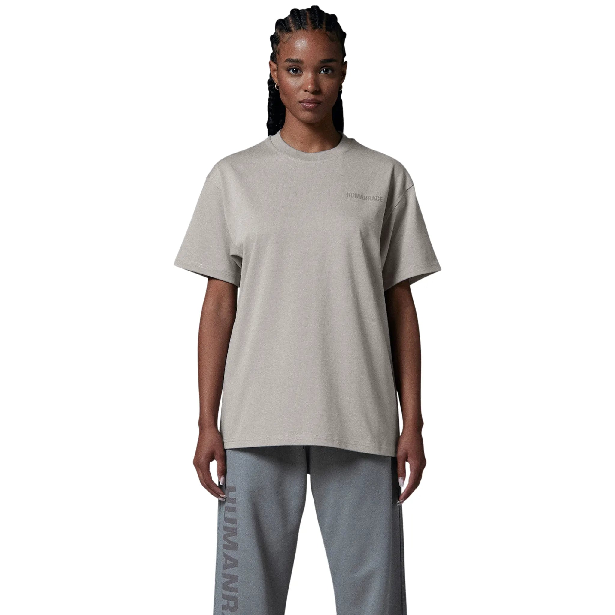 Model front view of Human Race Made Desert Grey T Shirt