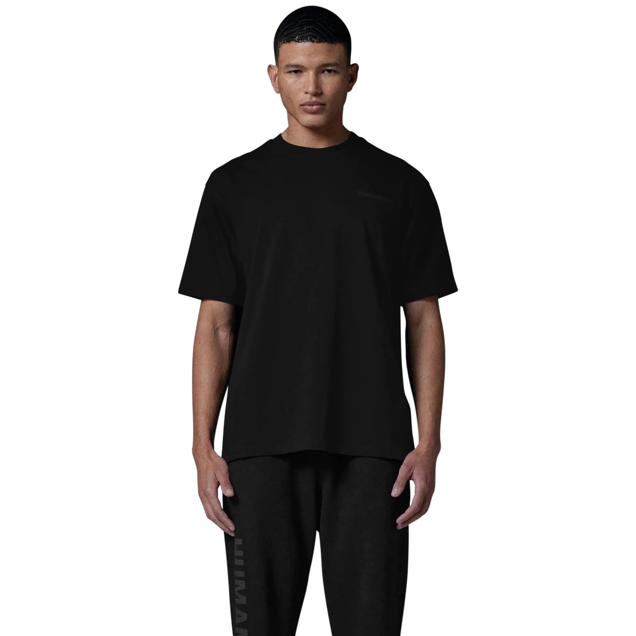 Model front view of Human Race Made Jet Black T Shirt