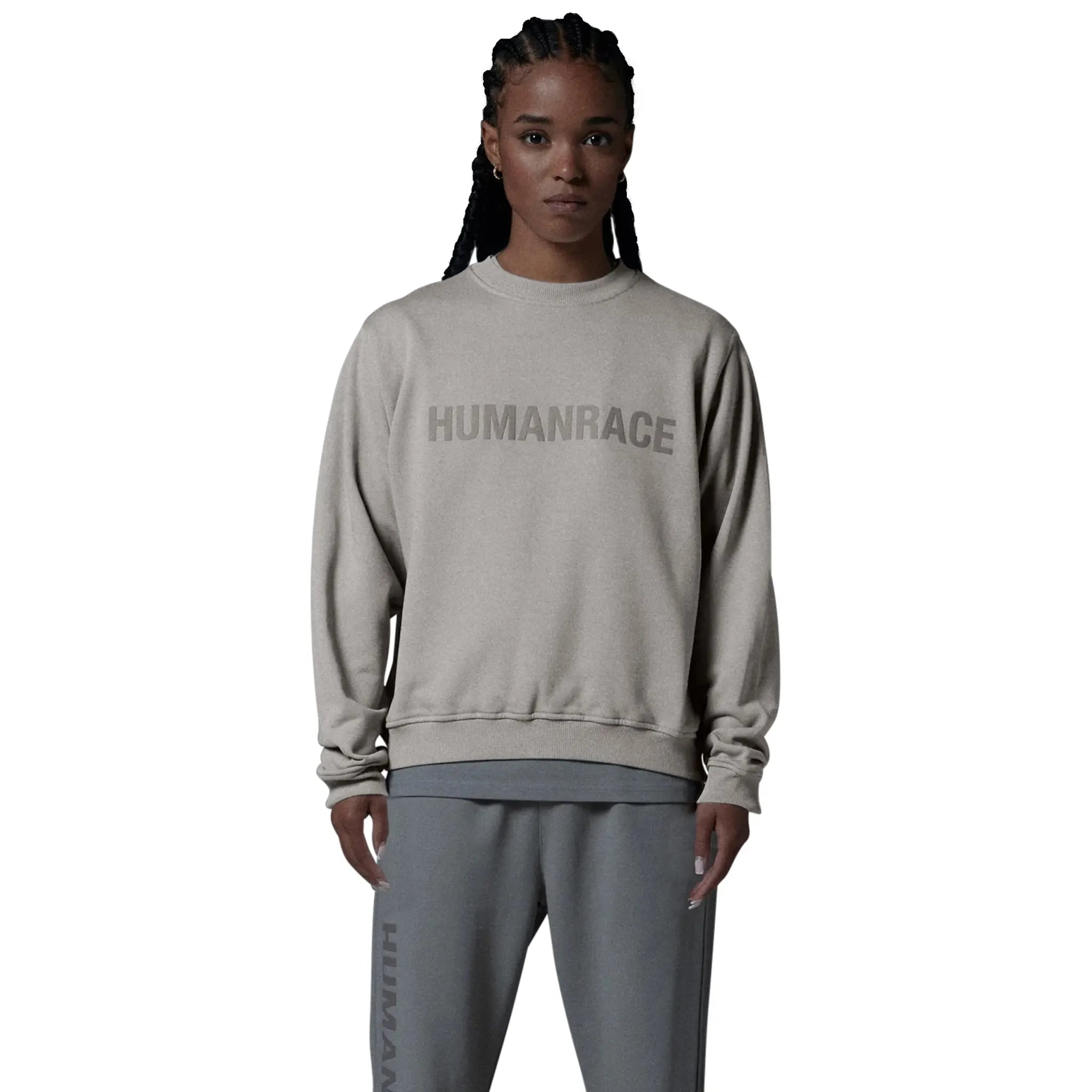 Model front view of Human Race Planet Desert Grey Sweatshirt