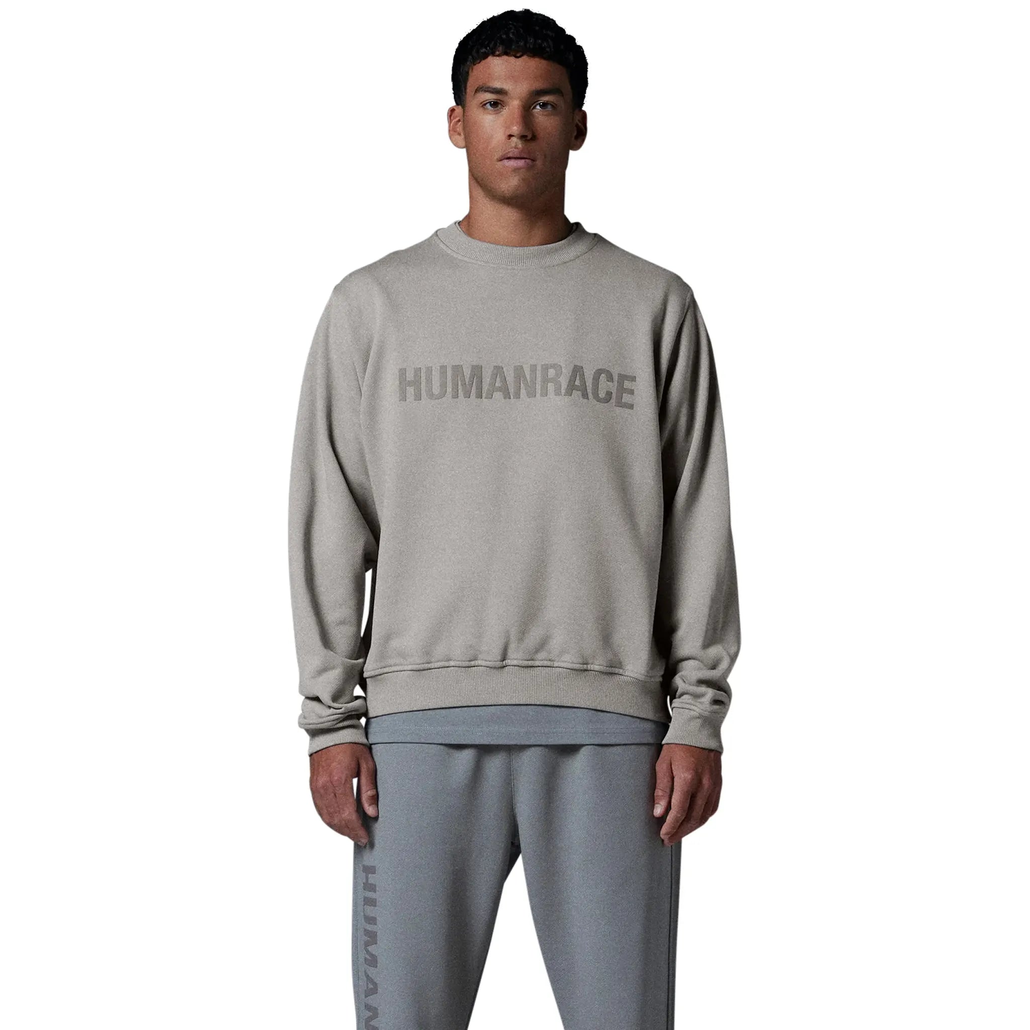 Model front view of Human Race Planet Desert Grey Sweatshirt