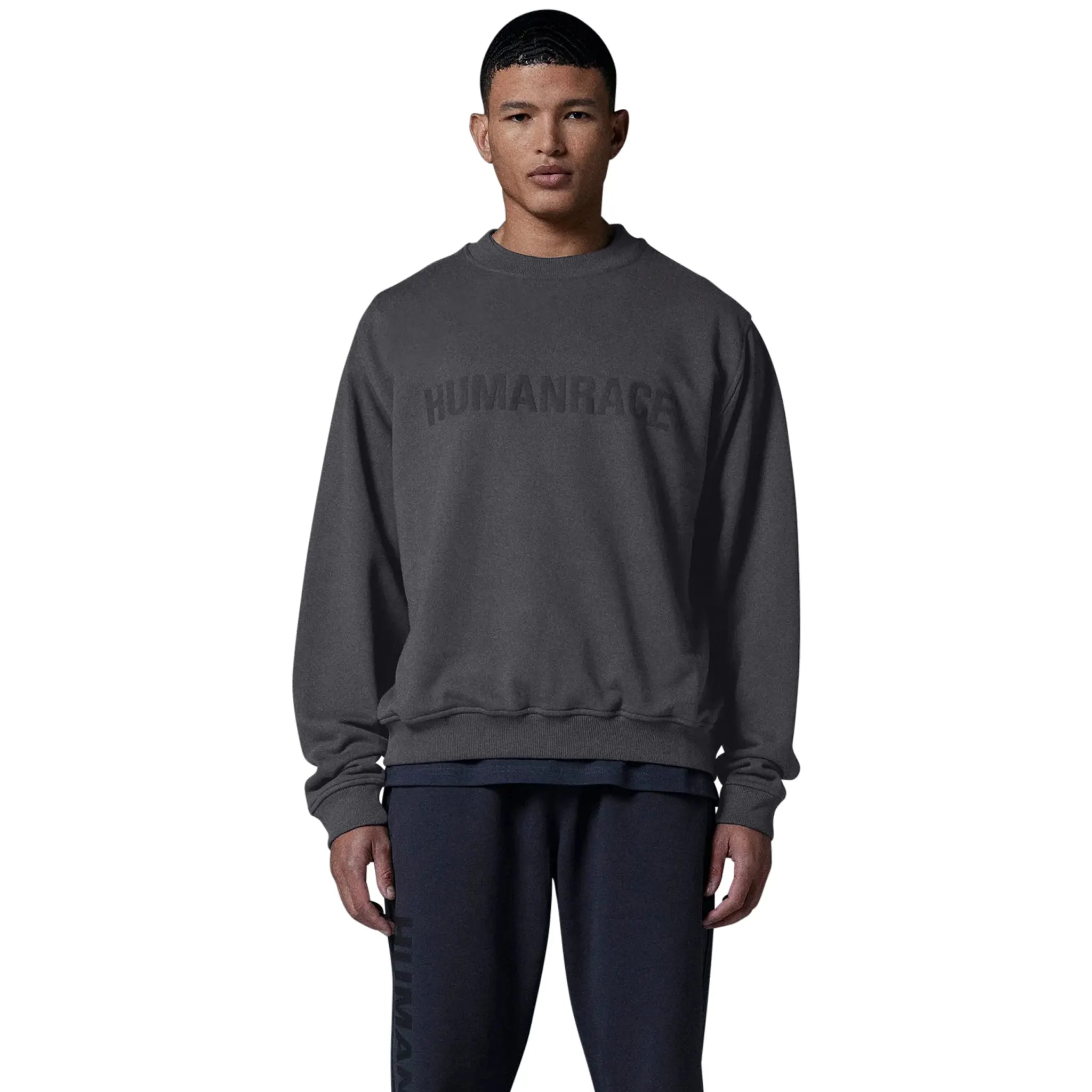 Model front view of Human Race Planet Dusty Grey Sweatshirt