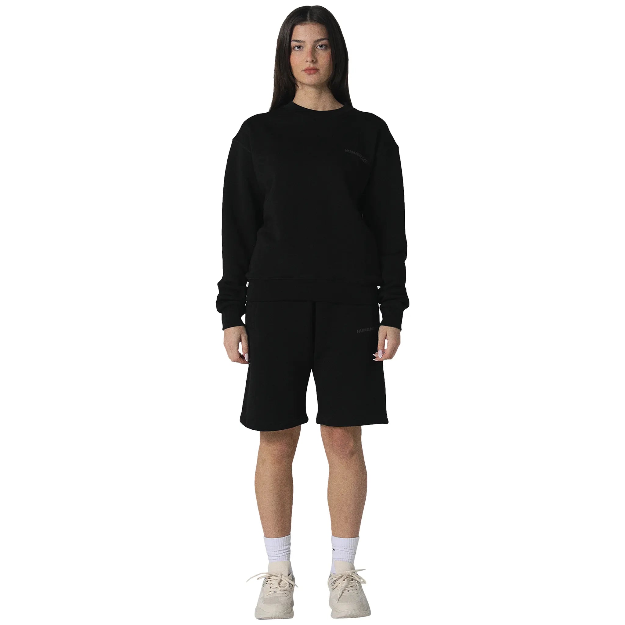 Model front view of Human Race Stars Black Shorts