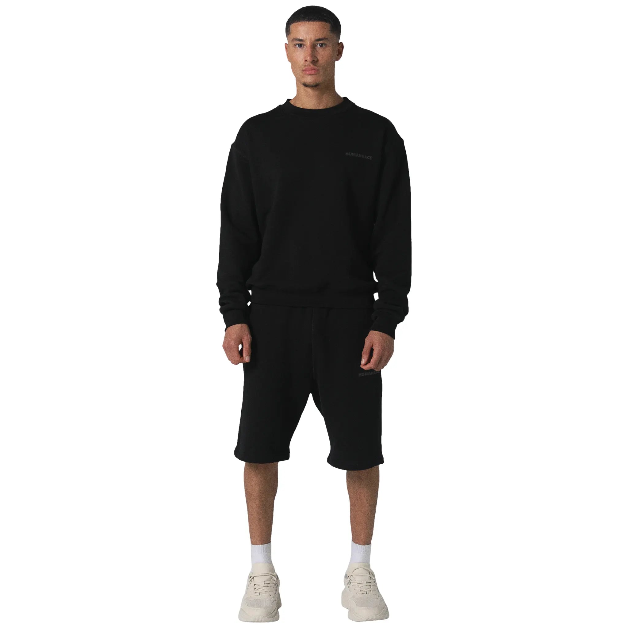 Model front view of Human Race Stars Black Shorts