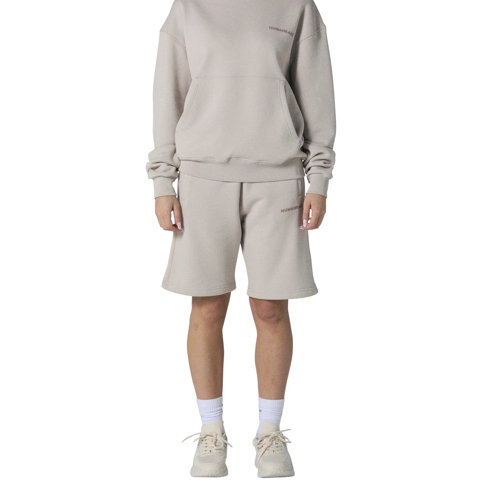 Model female front view of Human Race Stars Deep Taupe Shorts