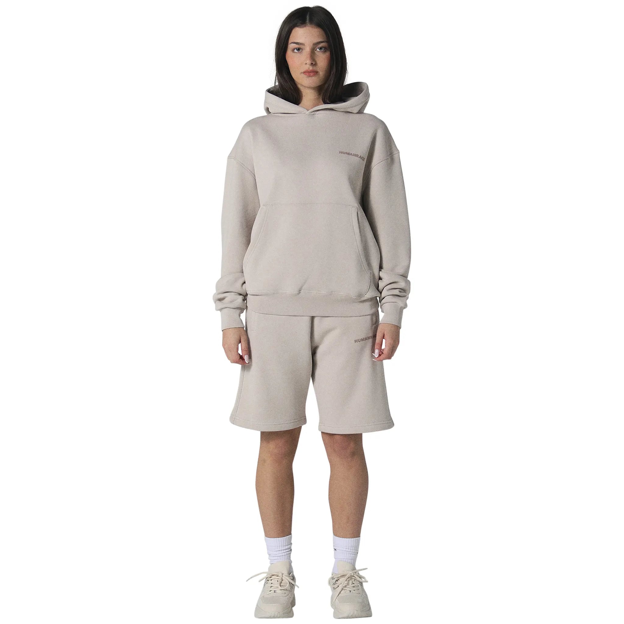 Model female front view of Human Race Stars Deep Taupe Shorts